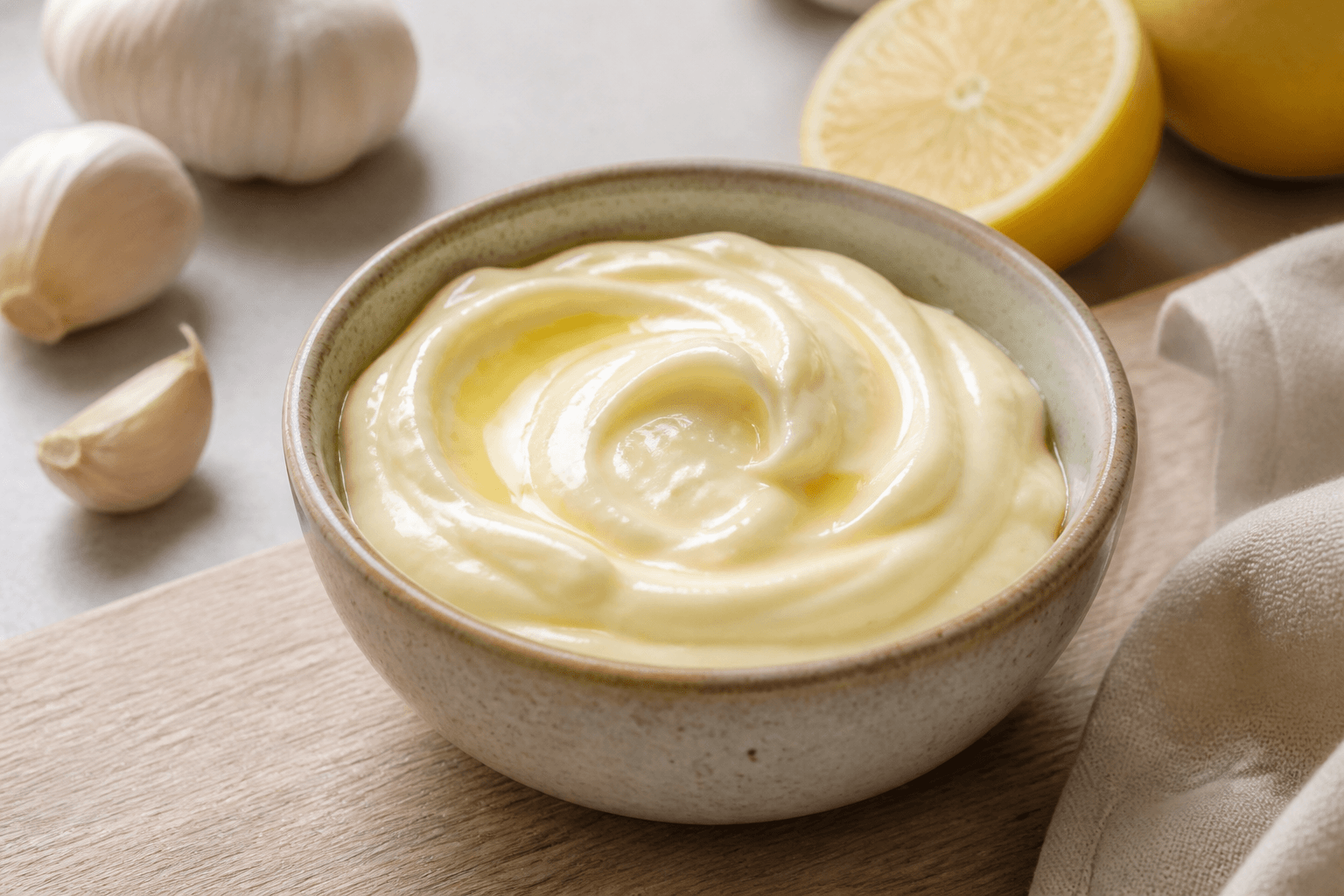 Aioli i en lille keramisk skål med hvidløg og citron i baggrunden.