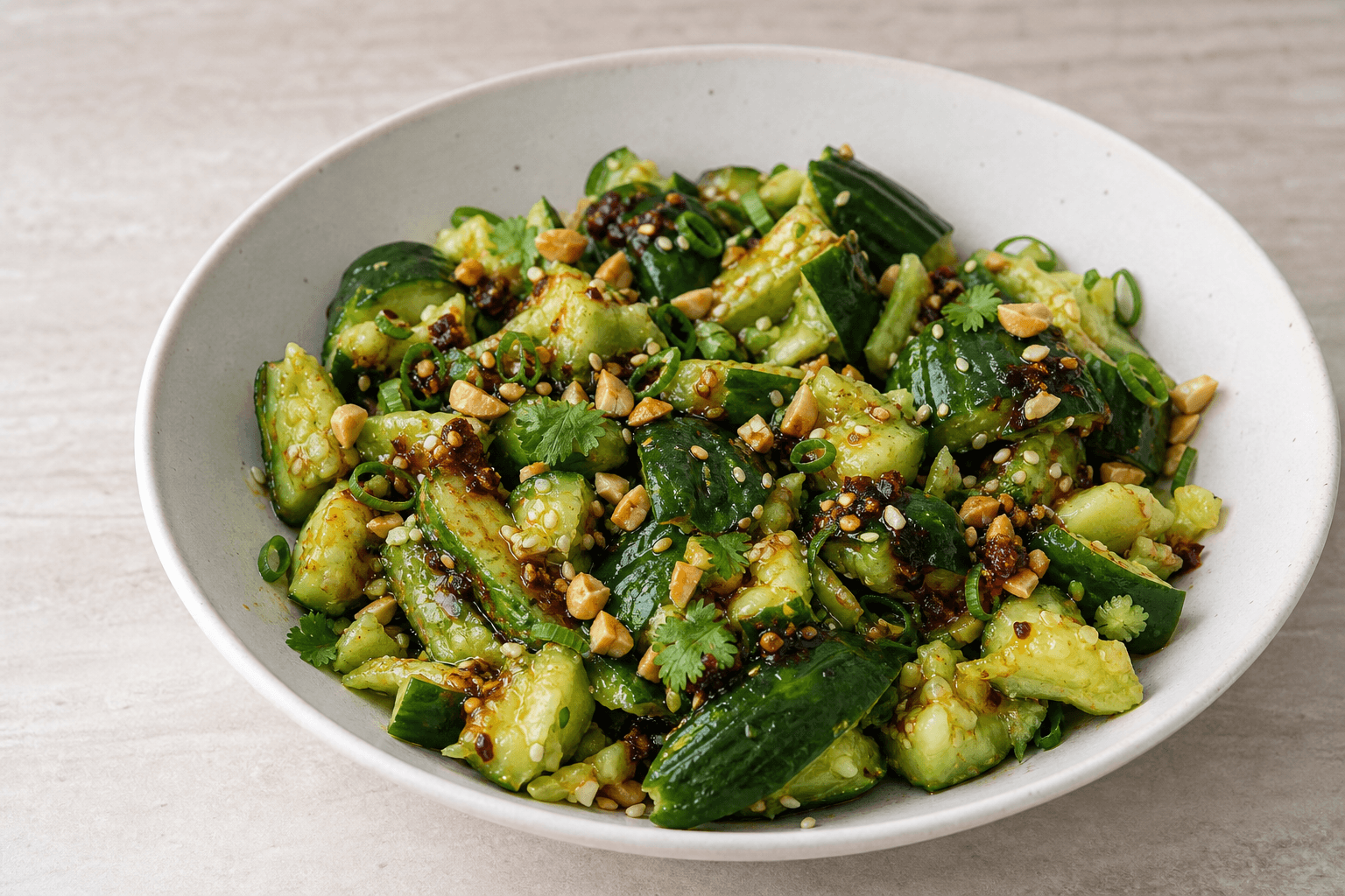 Asiatisk agurkesalat med grove stykker smadret agurk, chili crisp, sesam, peanuts og forårsløg.
