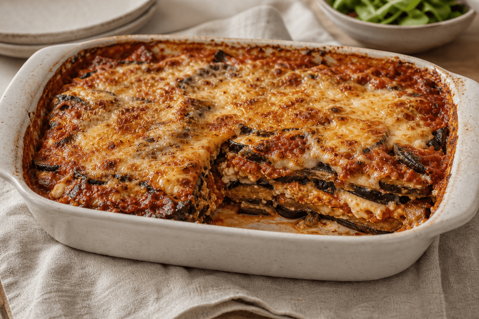 Auberginelasagne i et ovnfast fad med tomatsauce, ost og synlige auberginelag.