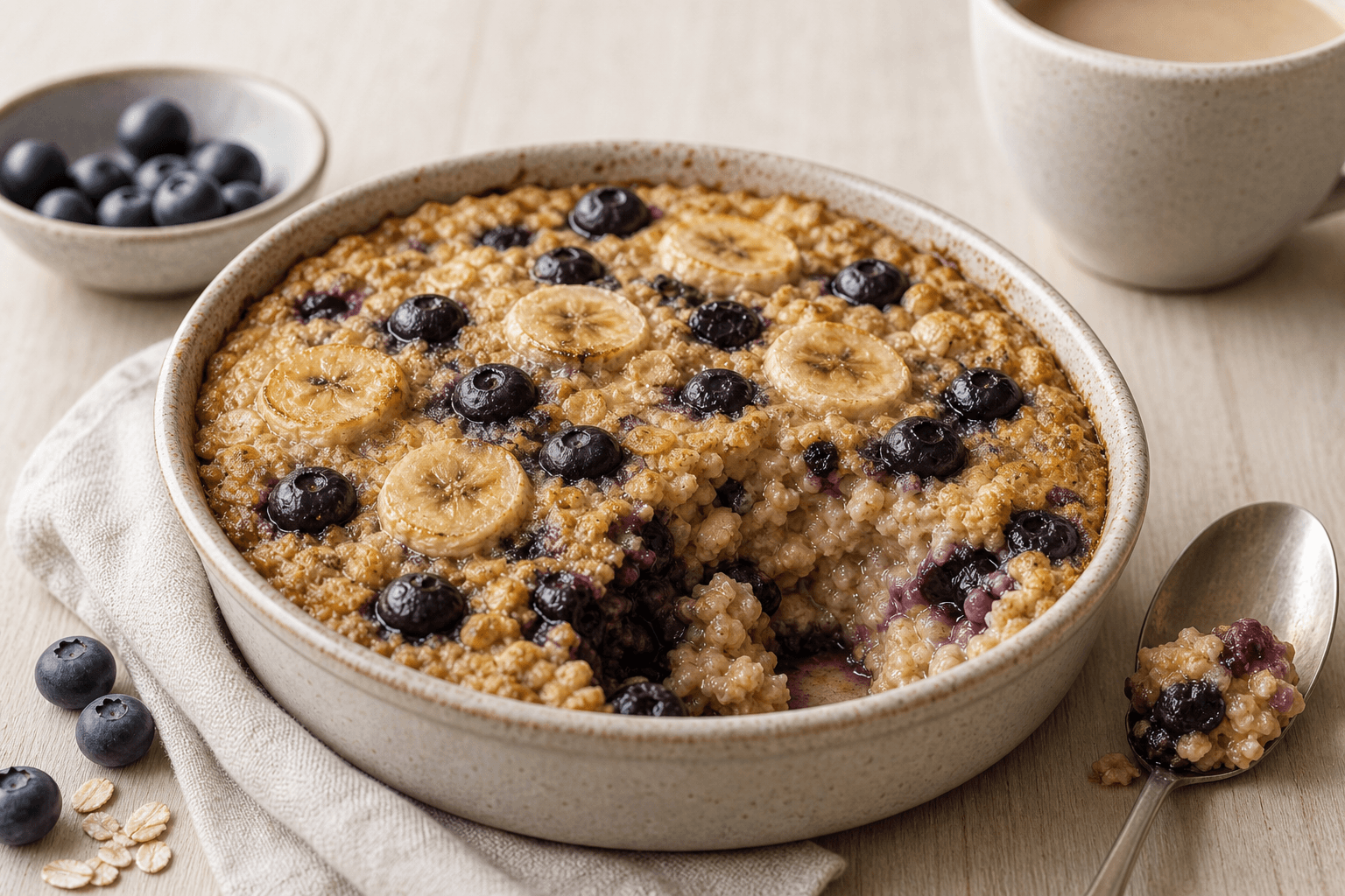 Baked oats i en lille ovnfast skål med blåbær og blød havretekstur.