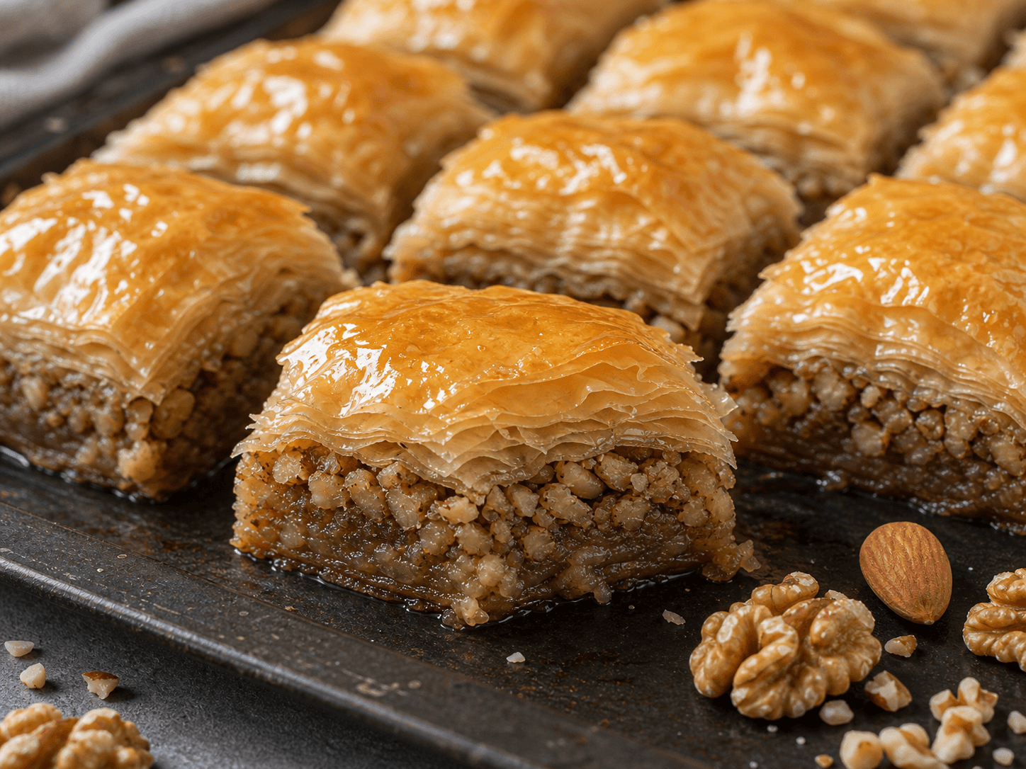 Baklava med sprøde lag, honningsirup og hakkede nødder