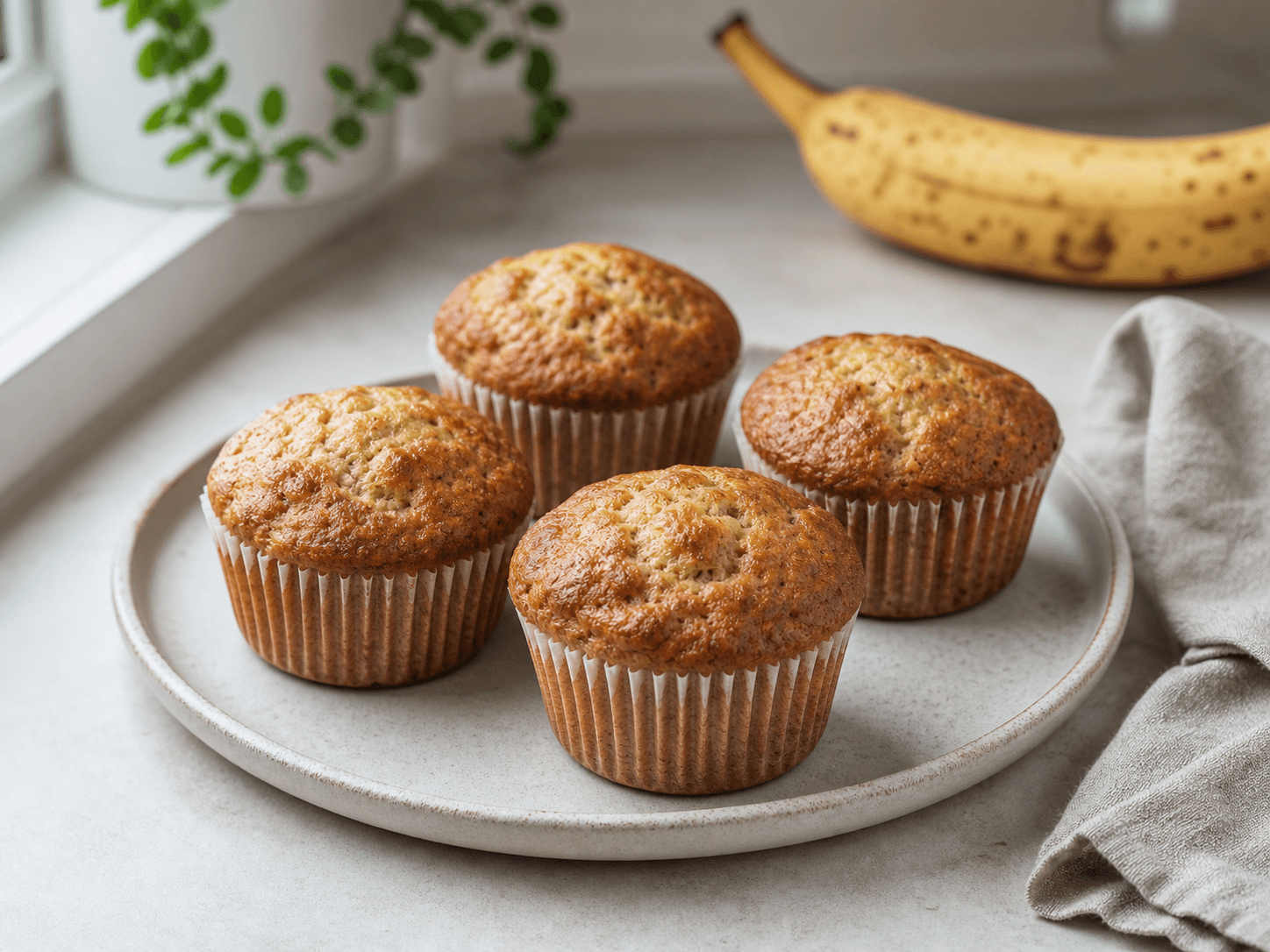 Bananmuffins i papirforme med gylden top og blød banankrumme