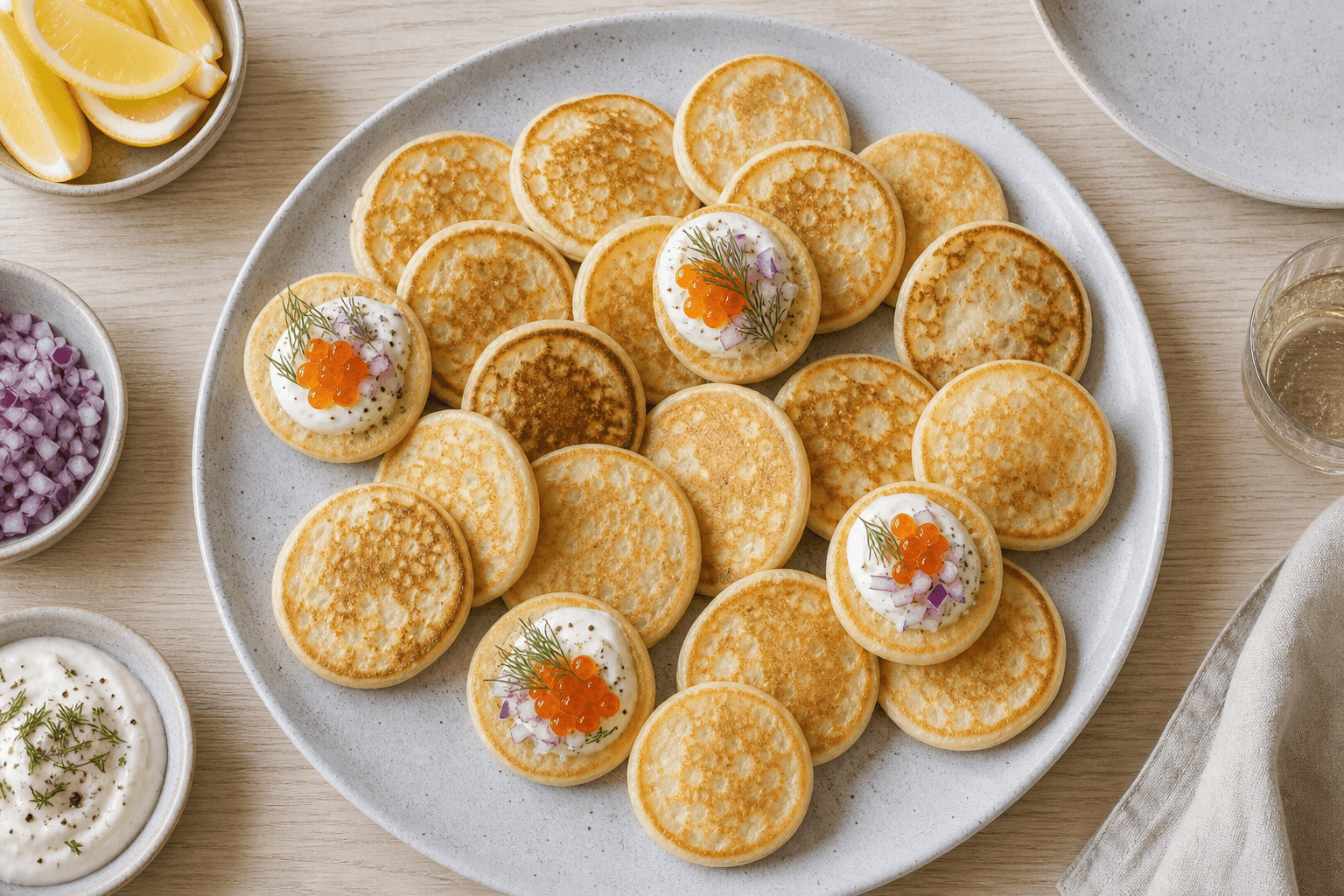 Små blinis på et serveringsfad med en enkel, salt frokosttopping.