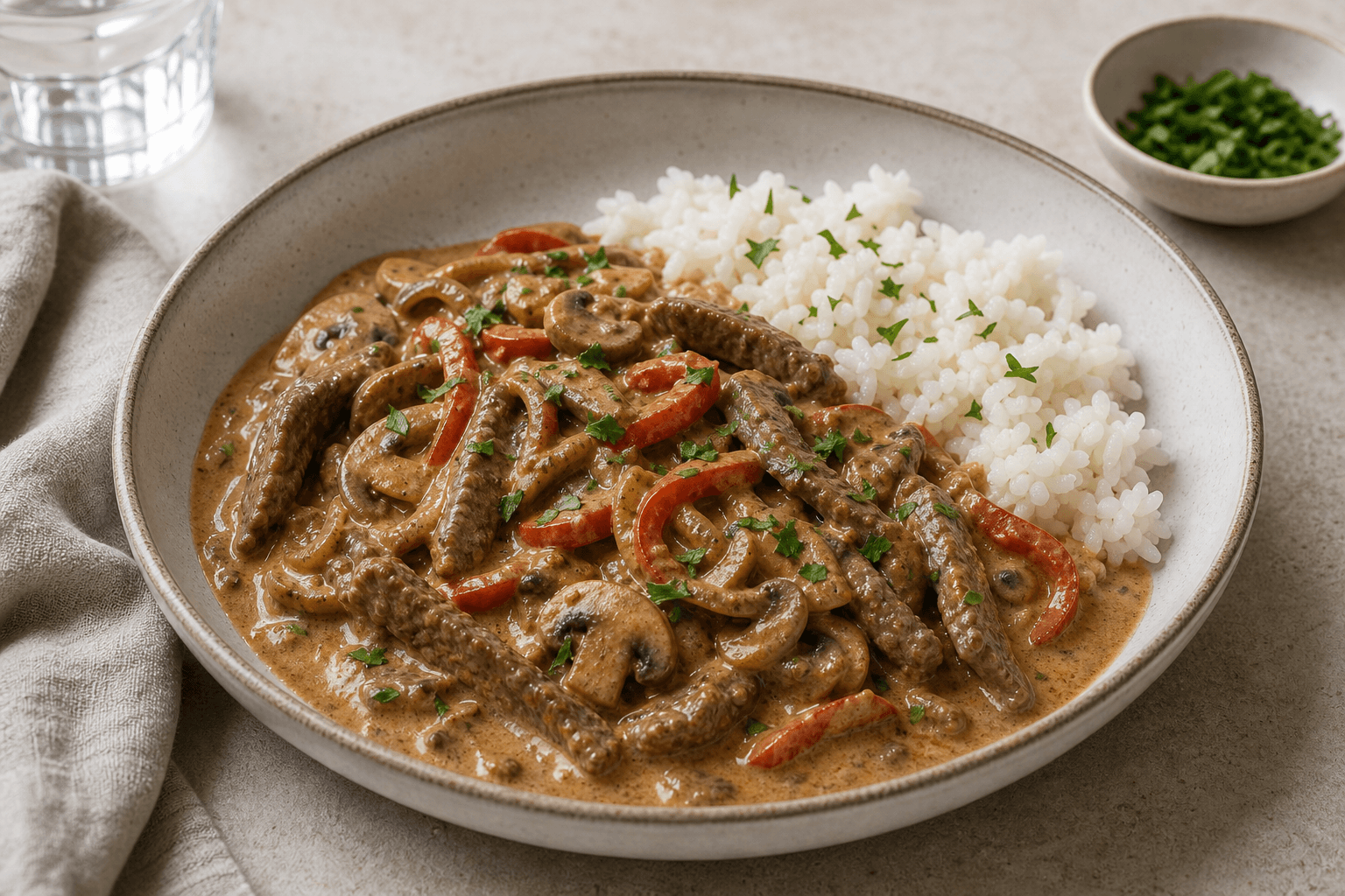 Bøf stroganoff med oksekød, svampe og cremet paprikasauce i en enkel servering.
