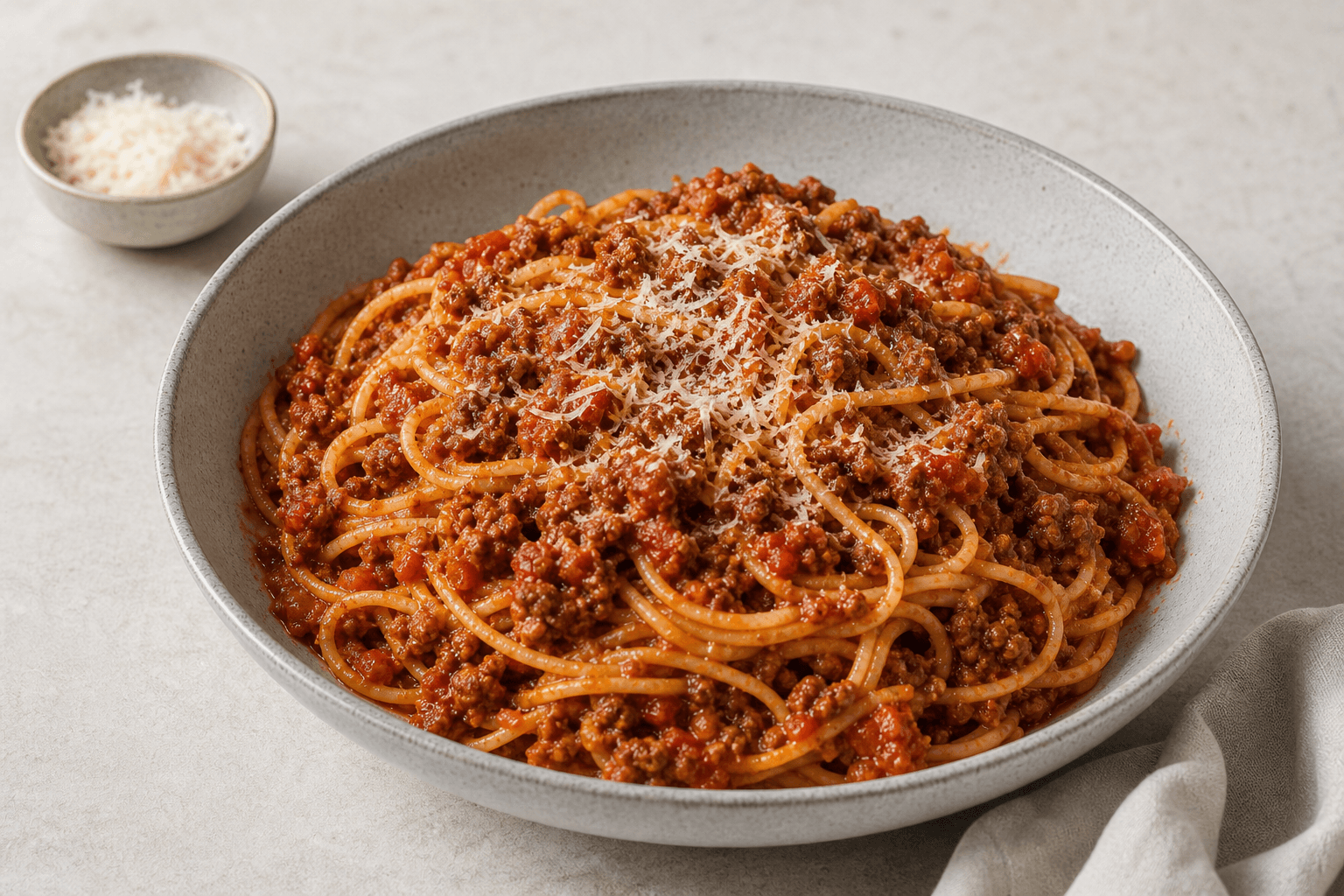 Bolognese med pasta, tomatsauce, hakket oksekød og en enkel parmesanfinish.