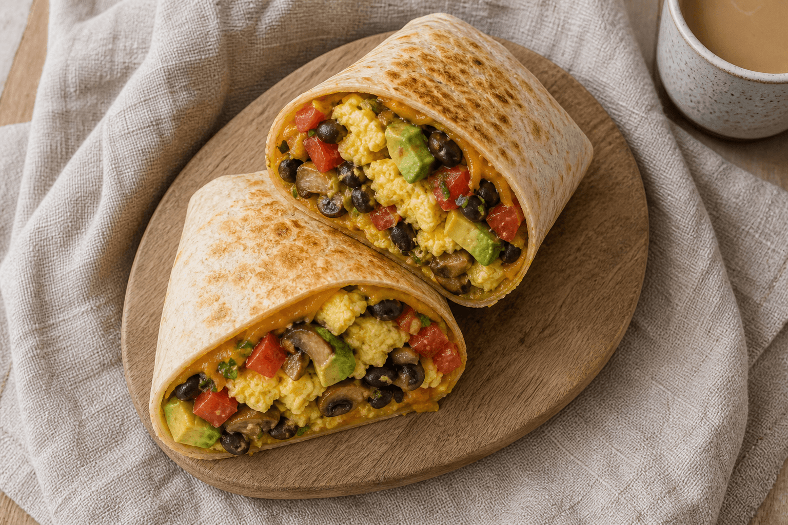 Breakfast burrito skåret over med æg, bønner, avocado og grøntsager i fyldet.