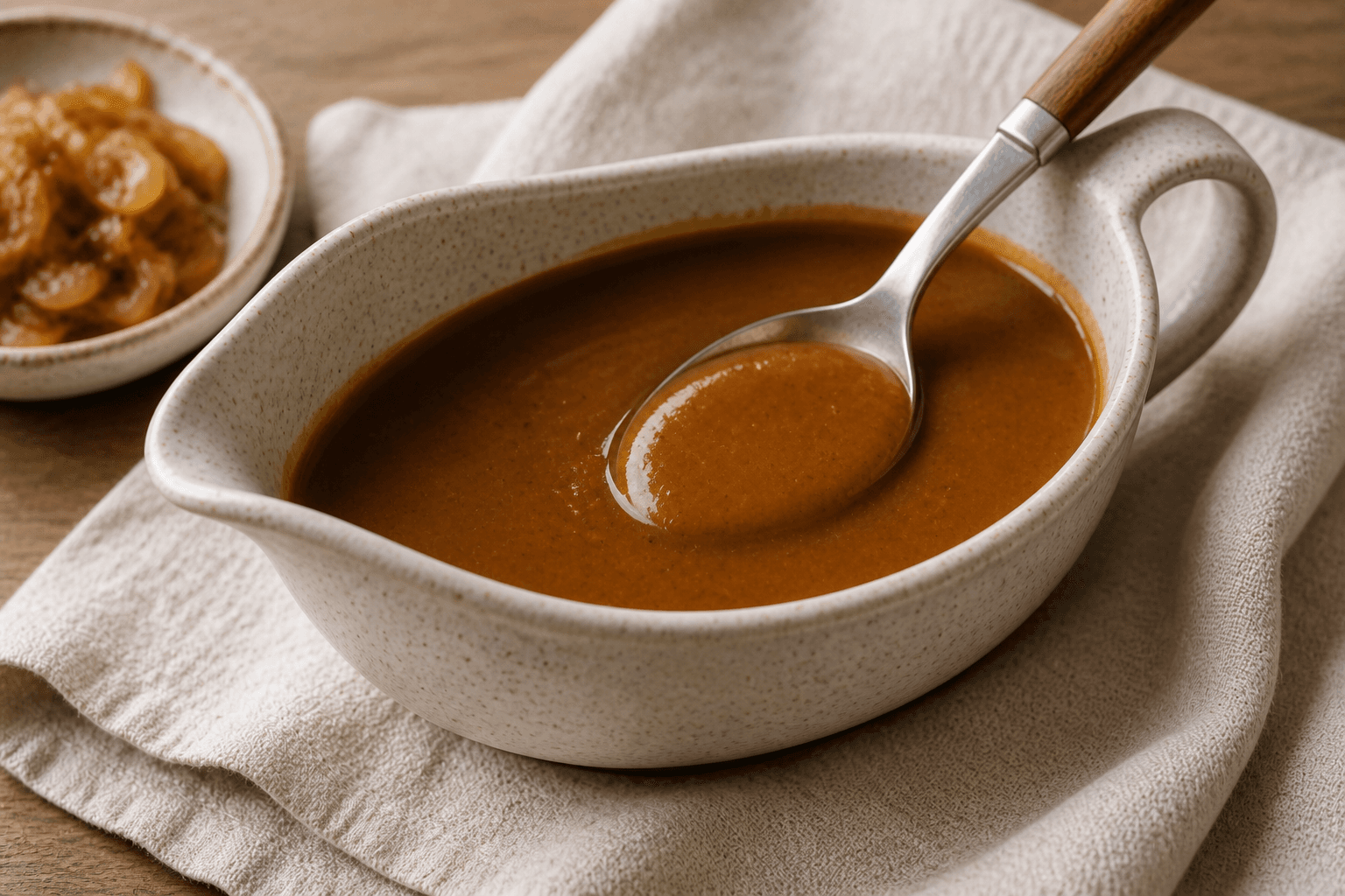 Brun sovs i en lille saucekande med blank og jævn konsistens.