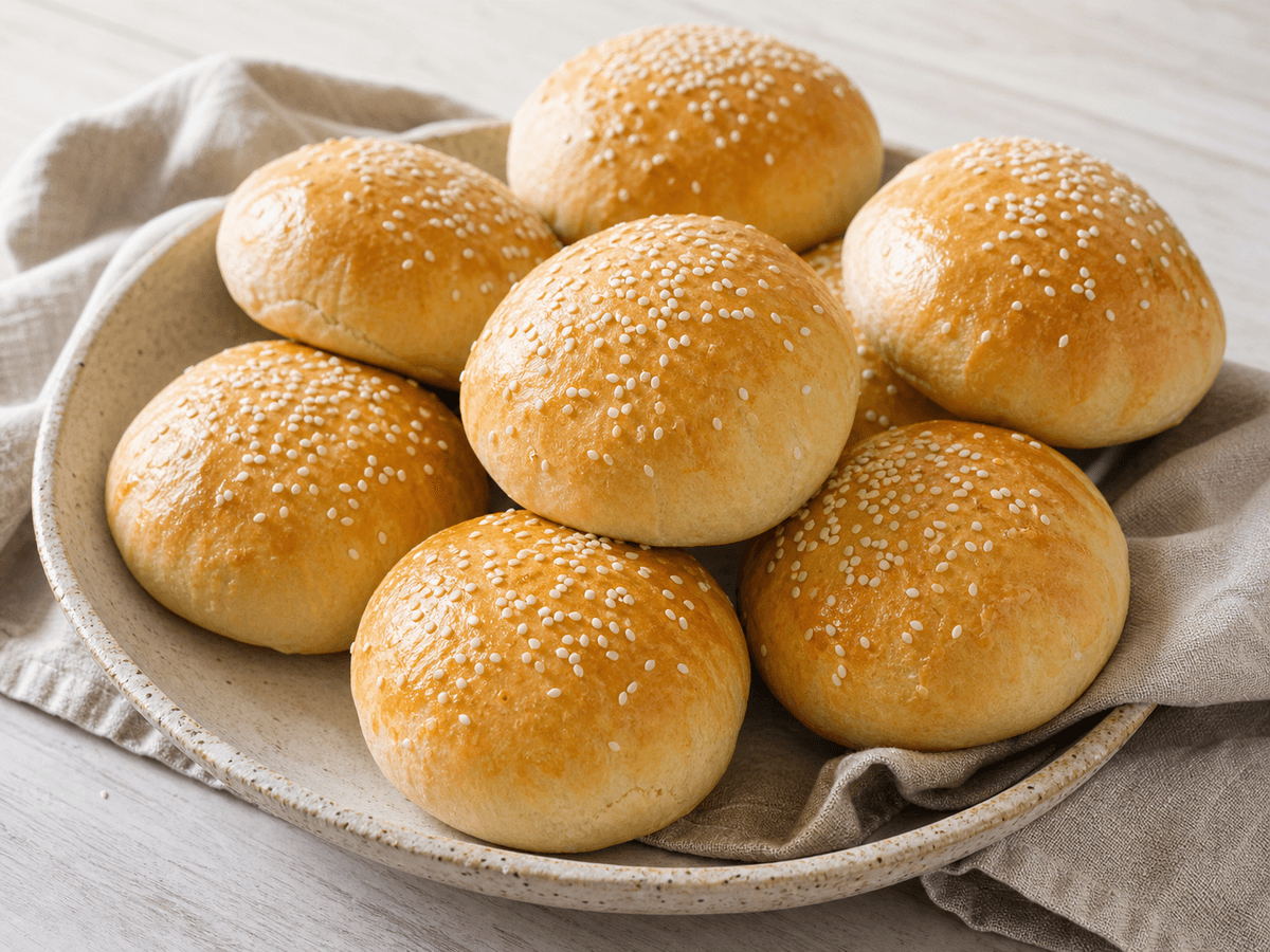 Hjemmelavede burgerboller med sesamfrø i en kurv.