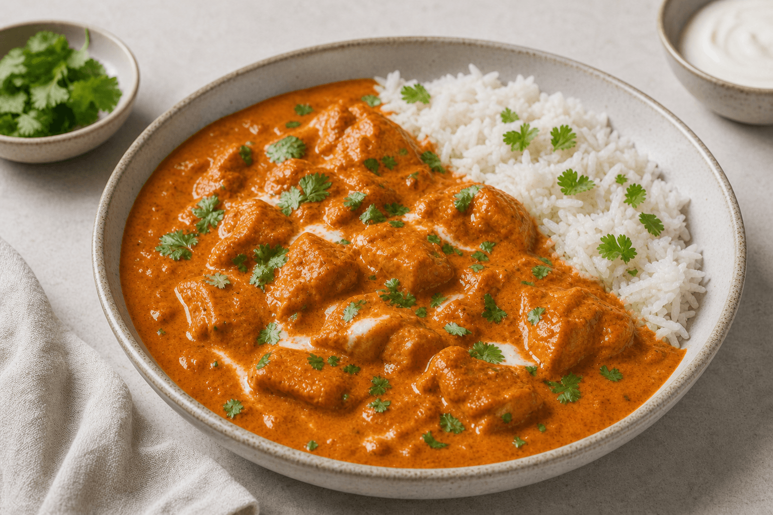 Butter chicken med let stegte kyllingestykker, basmatiris, yoghurt, lime og koriander på en rustik tallerken.
