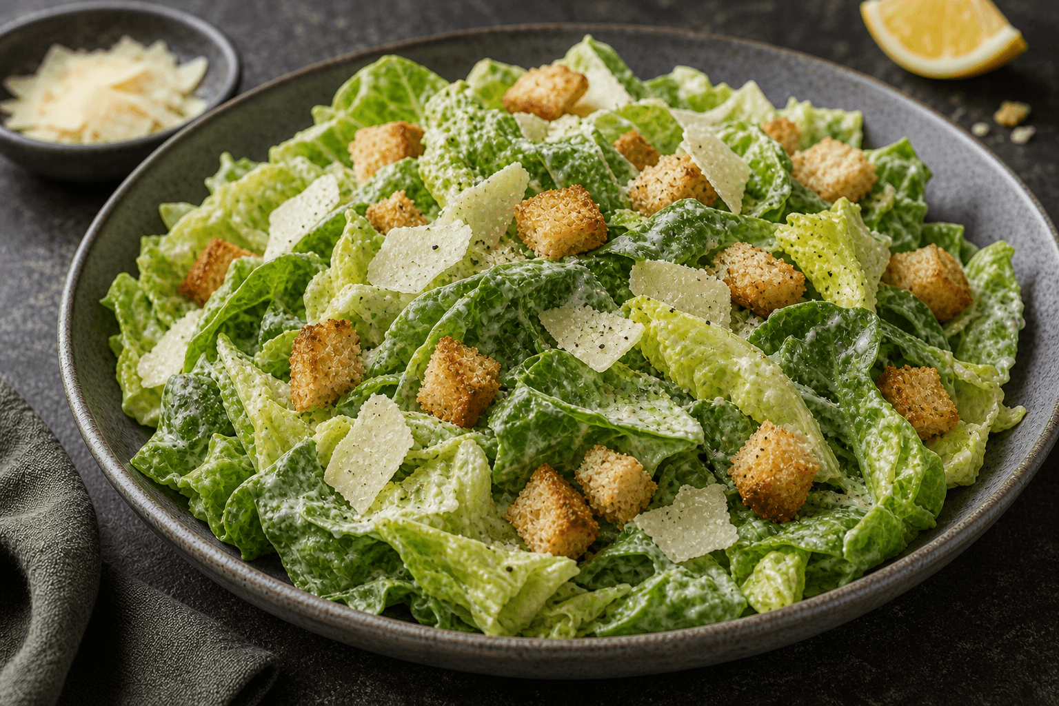 Cæsarsalat med sprød romainesalat, croutoner, parmesan og cremet dressing.