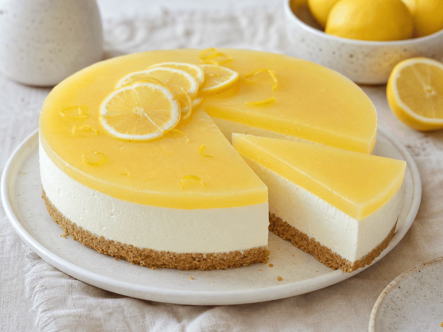 No-bake cheesecake med citron, kiksebund, flødeostcreme og tynd gul citrongele.