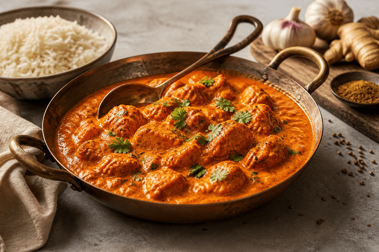 Chicken tikka masala i krydret tomatsauce serveret i gryde med ris ved siden af.