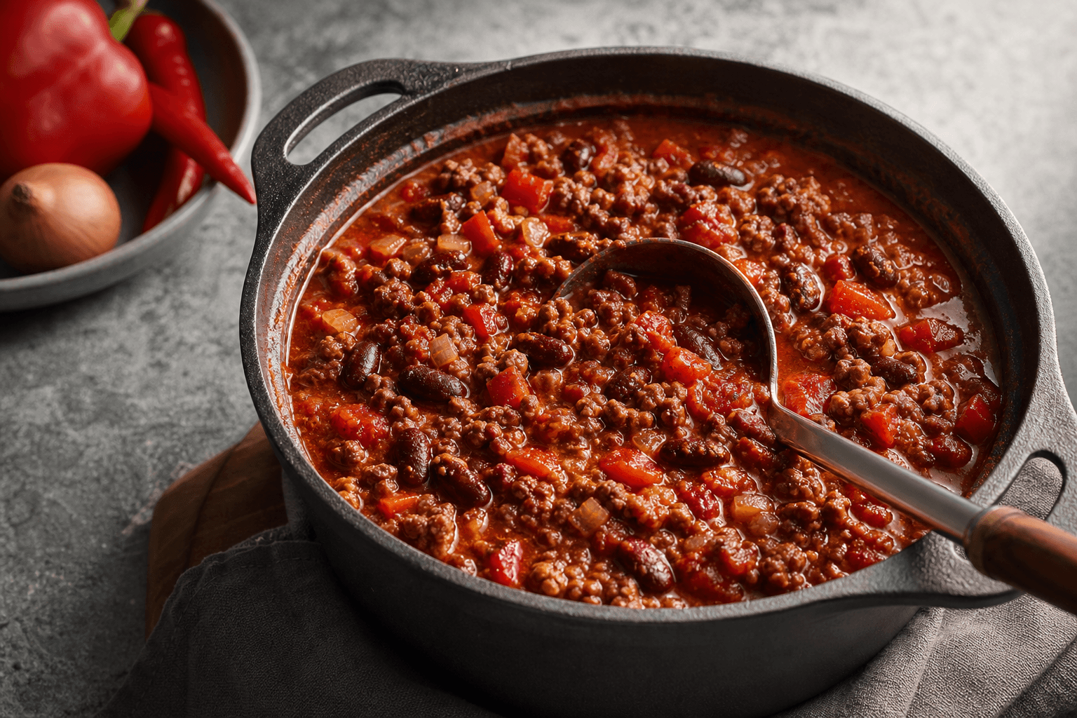 Chili con carne med hakket oksekød, tomat og kidneybønner i gryde.
