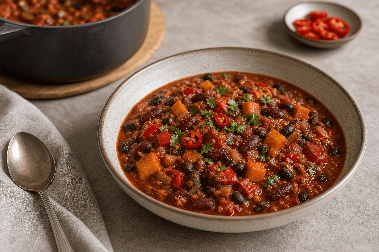 Chili sin carne serveret i skål med bønner, grøntsager og chili.