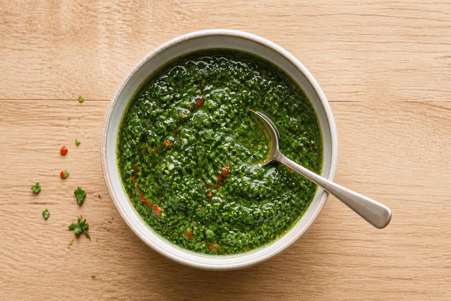 Chimichurri i skål med persille, chili, hvidløg og olivenolie.