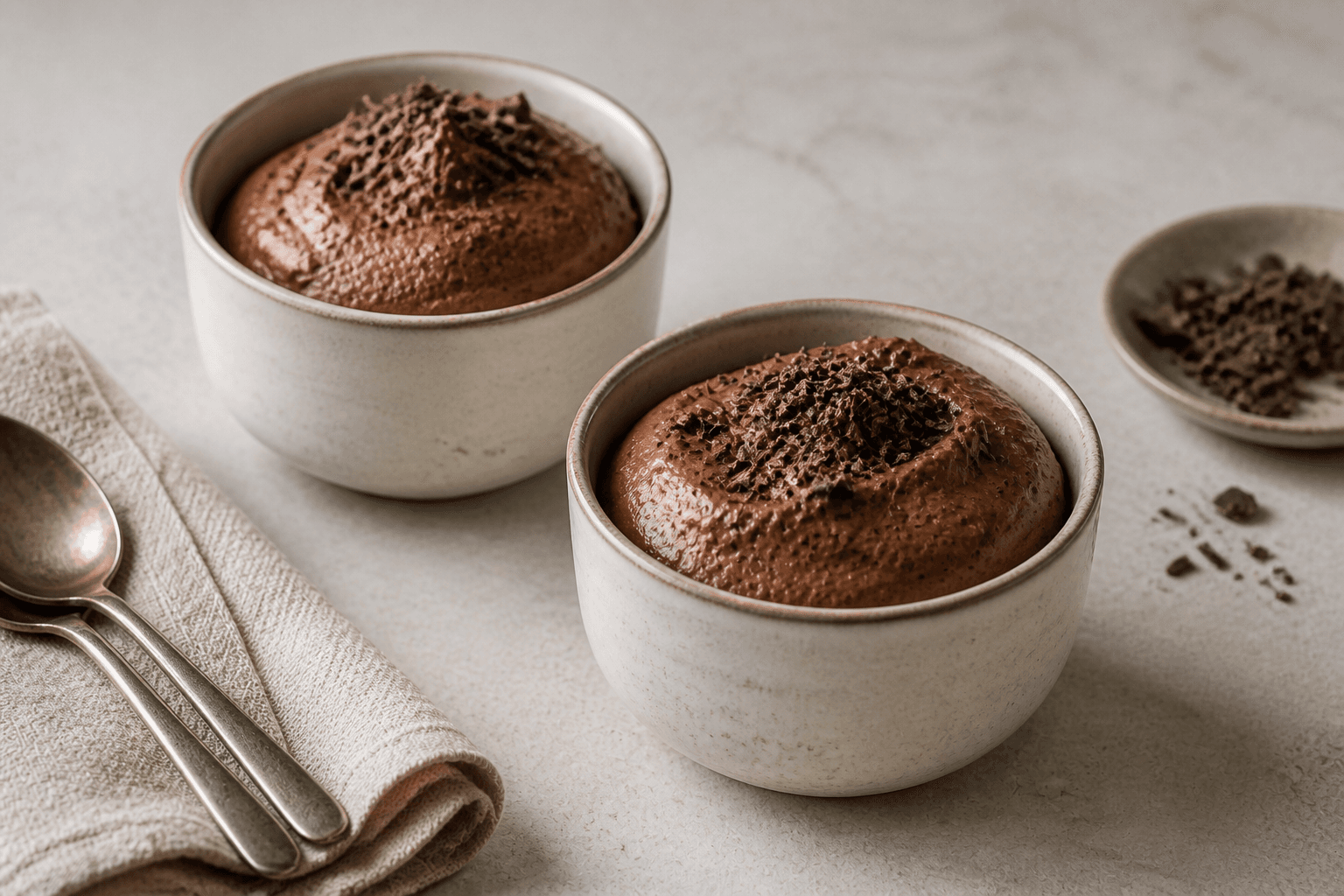 Chokolademousse serveret i små skåle med mørk chokolade på toppen.