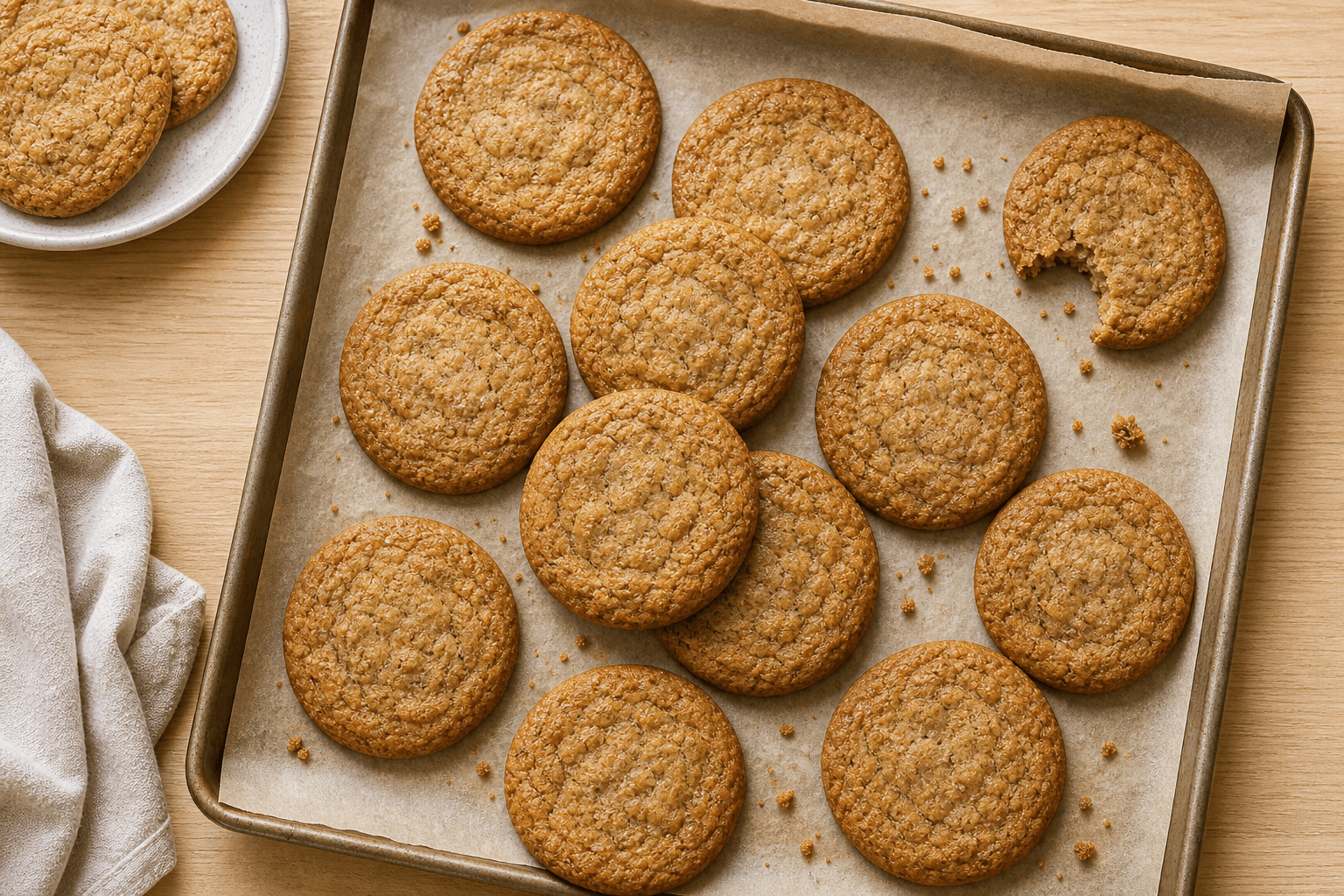 Cookies med sprøde kanter og blød midte på bagepapir.