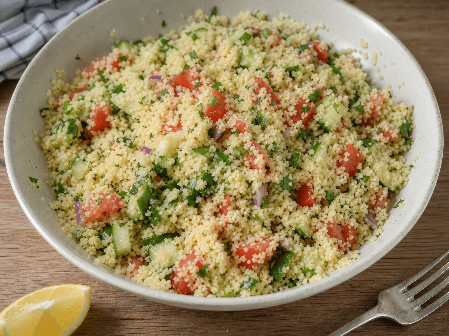 Couscoussalat med fin couscous, agurk, tomat, rødløg og persille.