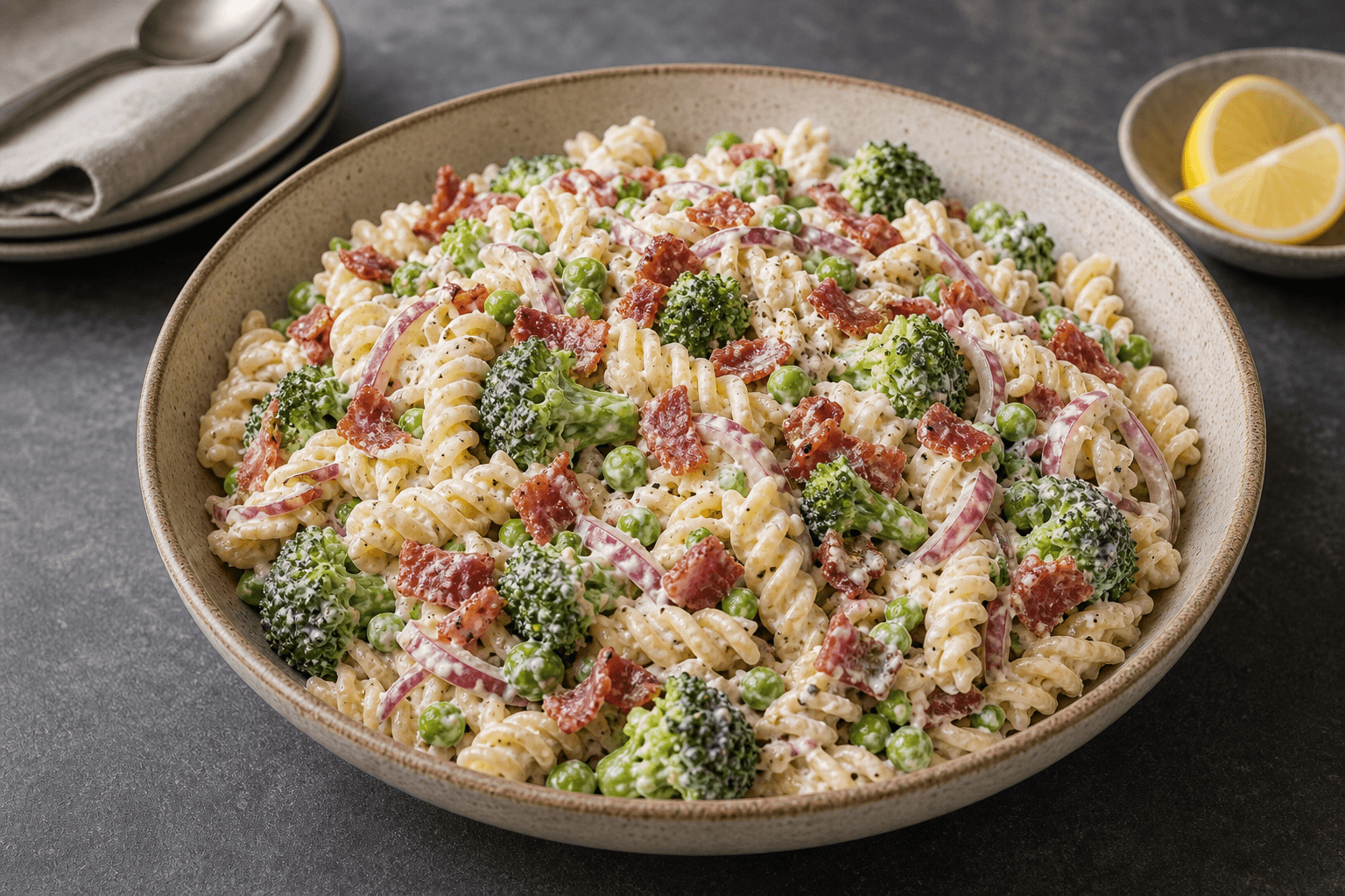 Cremet pastasalat i skål med pasta, broccoli, bacon og ærter.