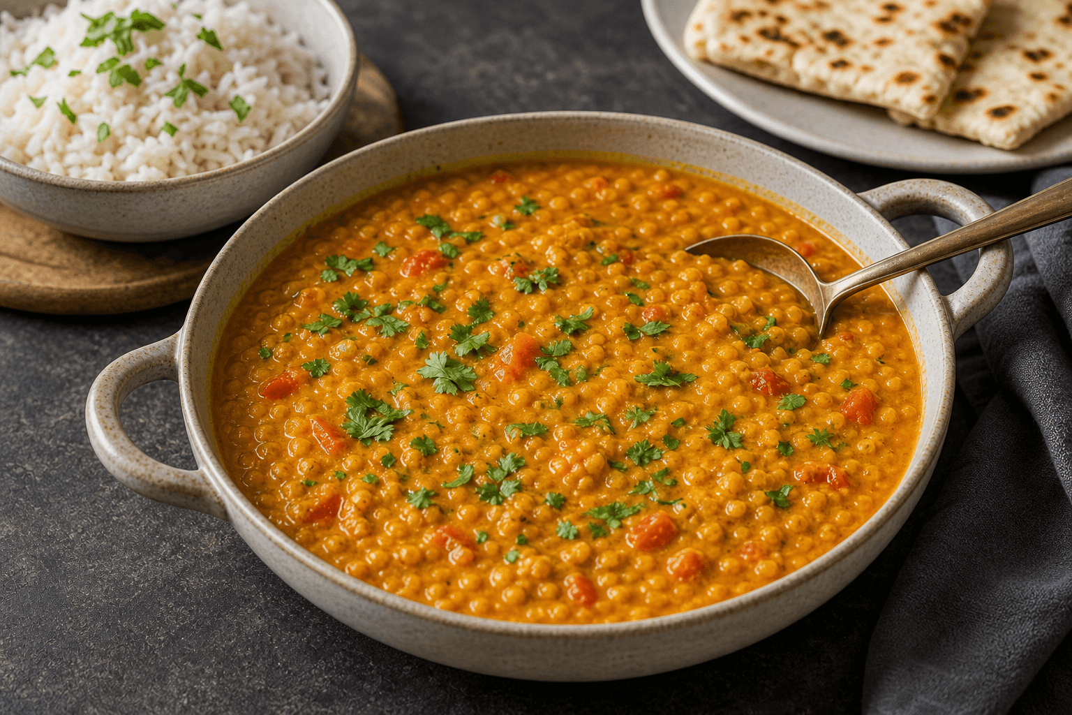 Dahl serveret i skål med cremede røde linser og varme krydderier.