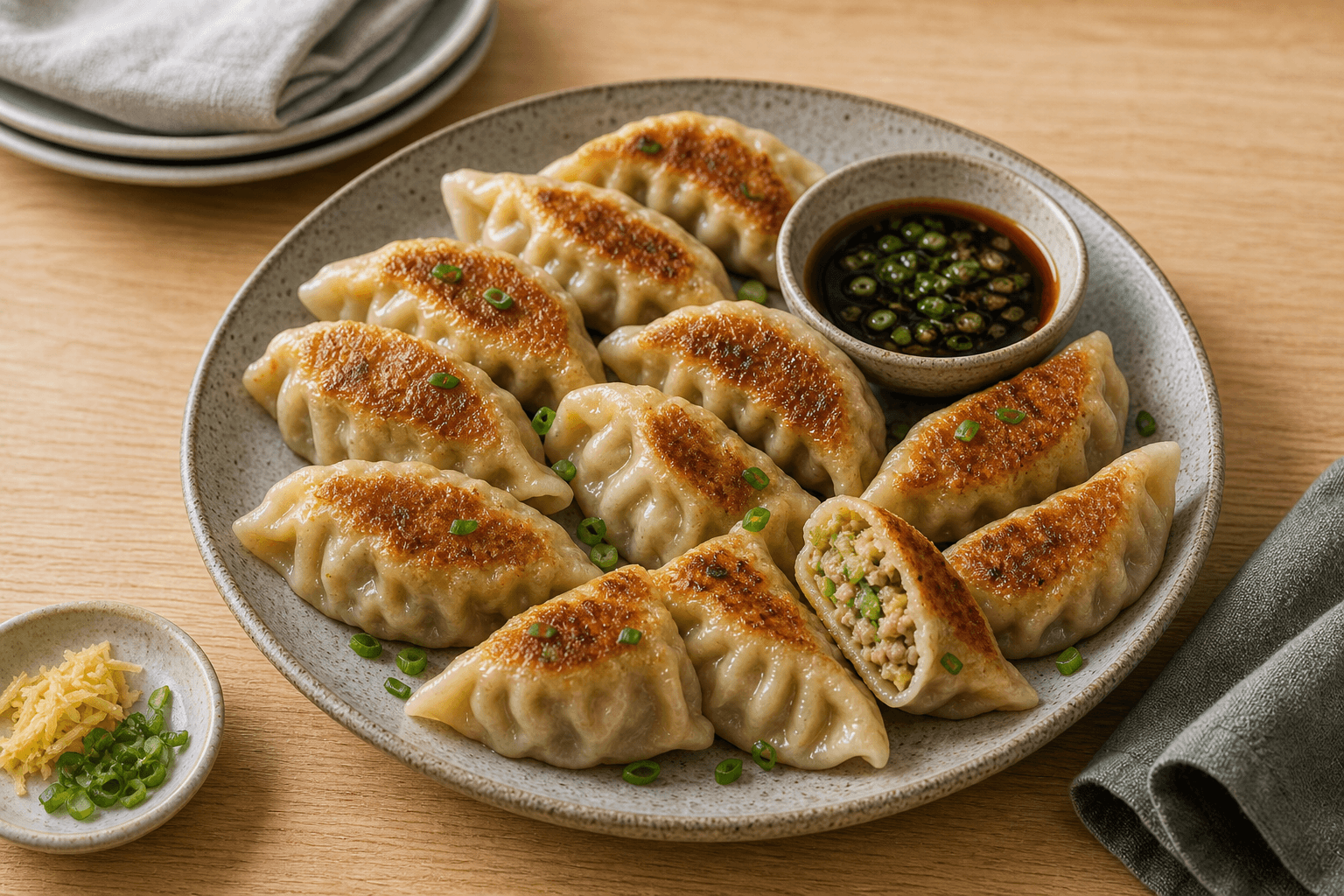 Stegte dumplings på fad med brunet bund, fyld og sojadip.