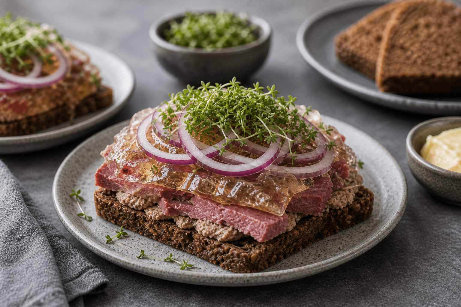 Dyrlægens natmad på rugbrød med leverpostej, saltkød, sky, rødløg og karse.