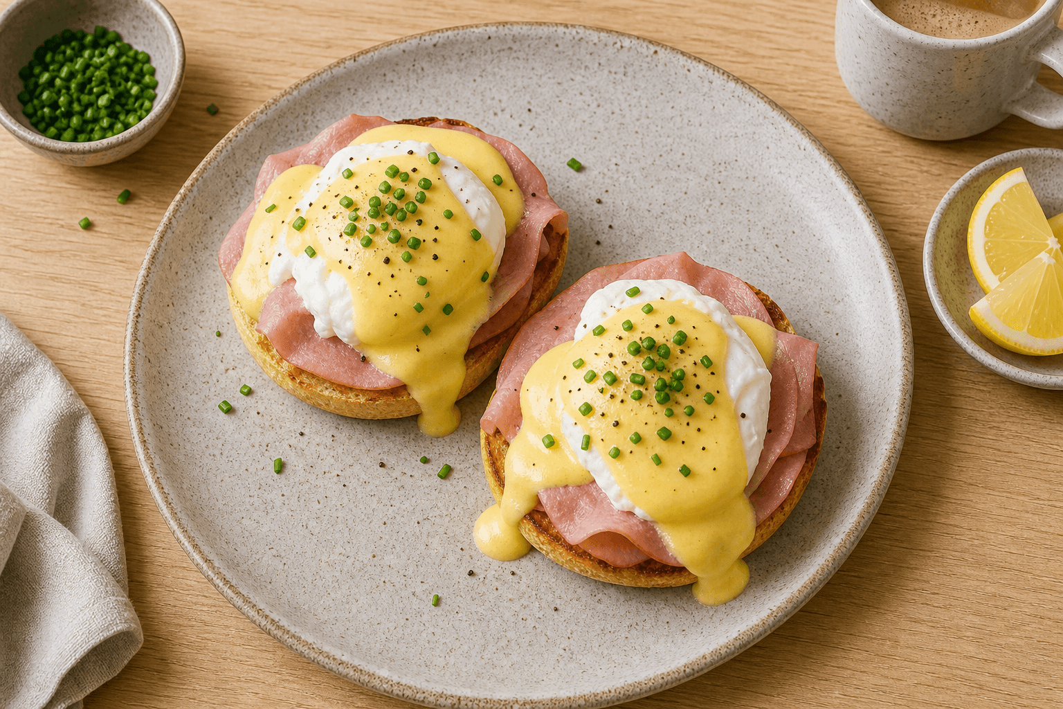 Eggs Benedict med pocherede æg, skinke og hollandaise på ristet brød.
