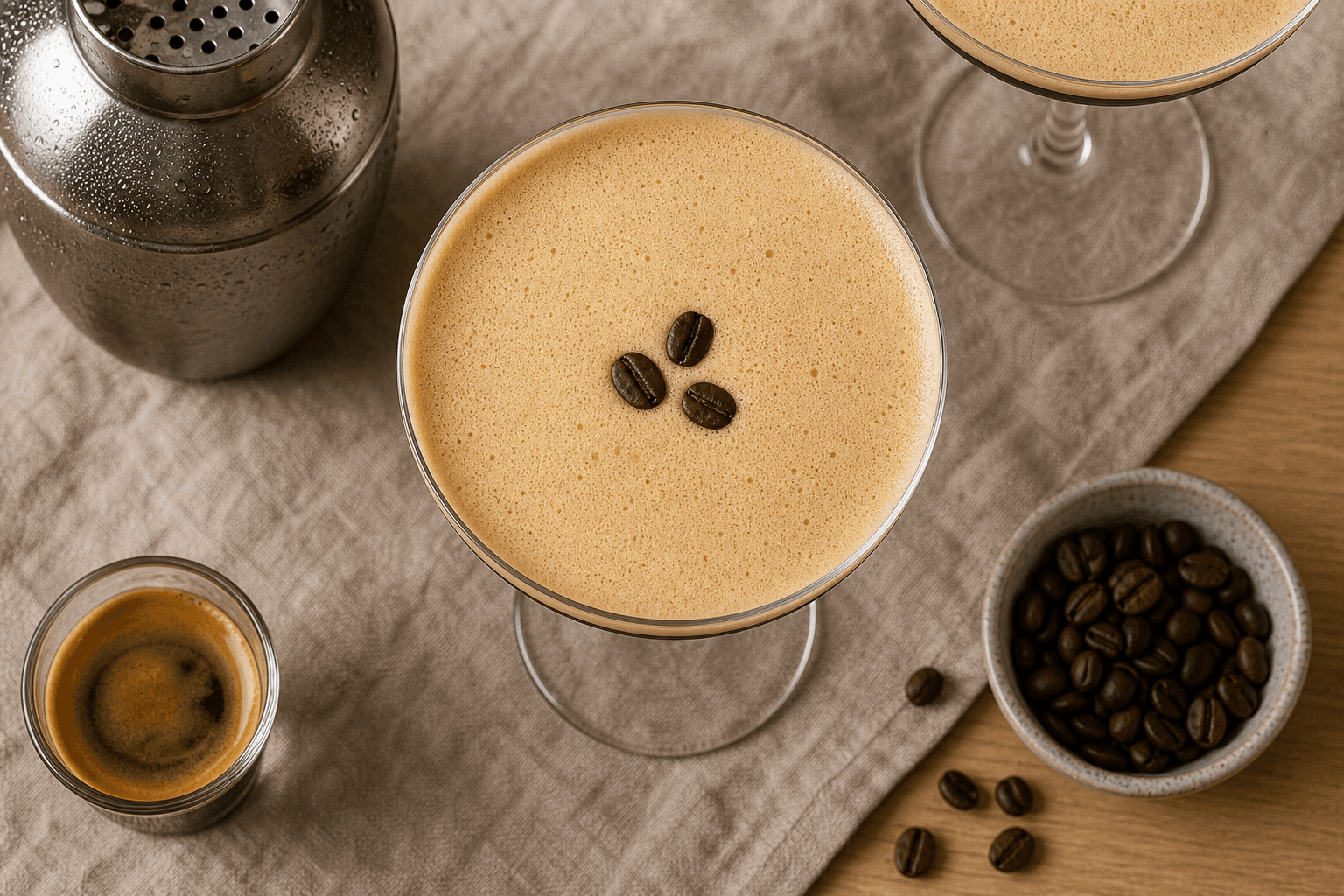 Espresso martini i cocktailglas med tæt crema og kaffebønner.