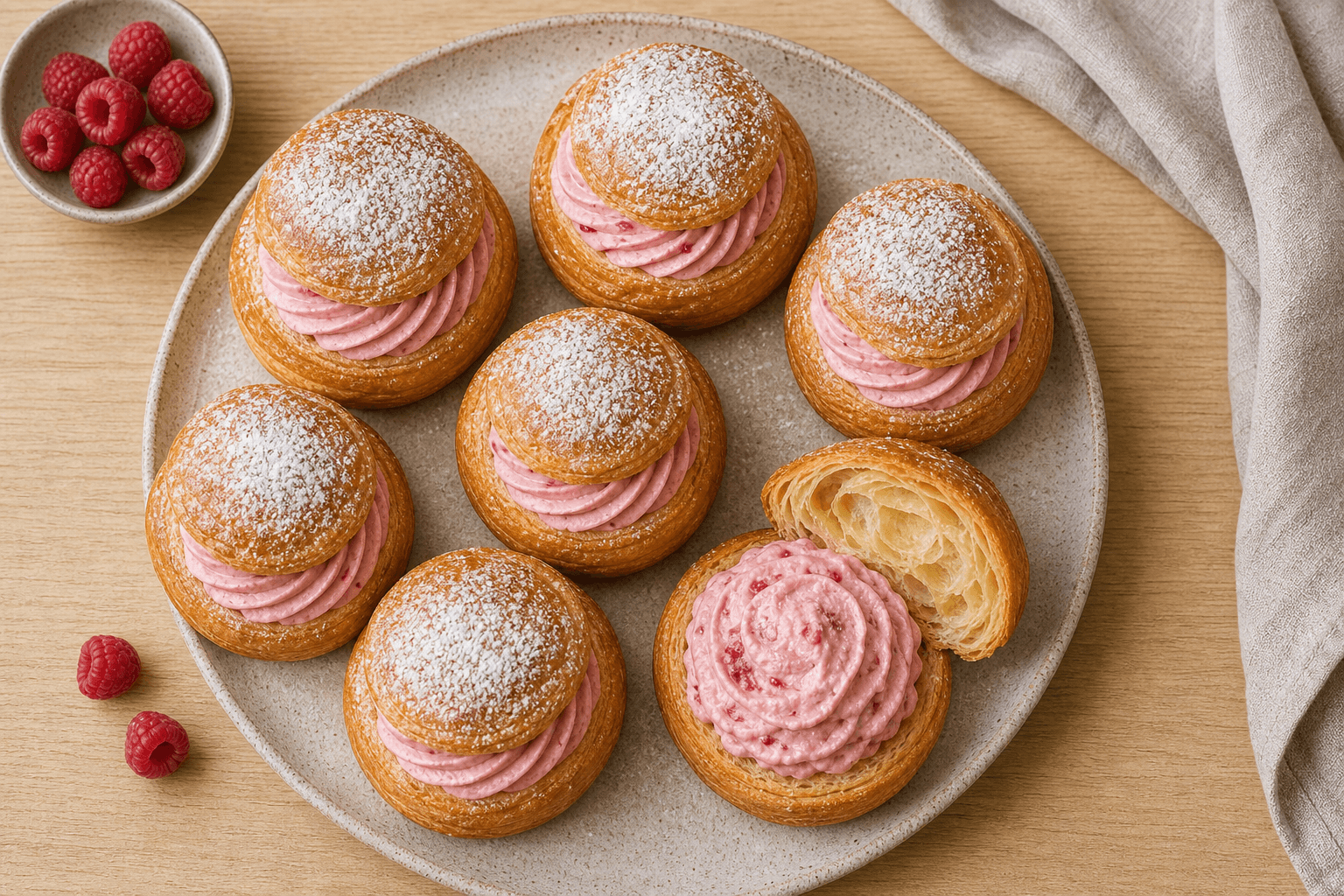 Fastelavnsboller af wienerbrødsdej med lyserødt hindbærskum og flager.
