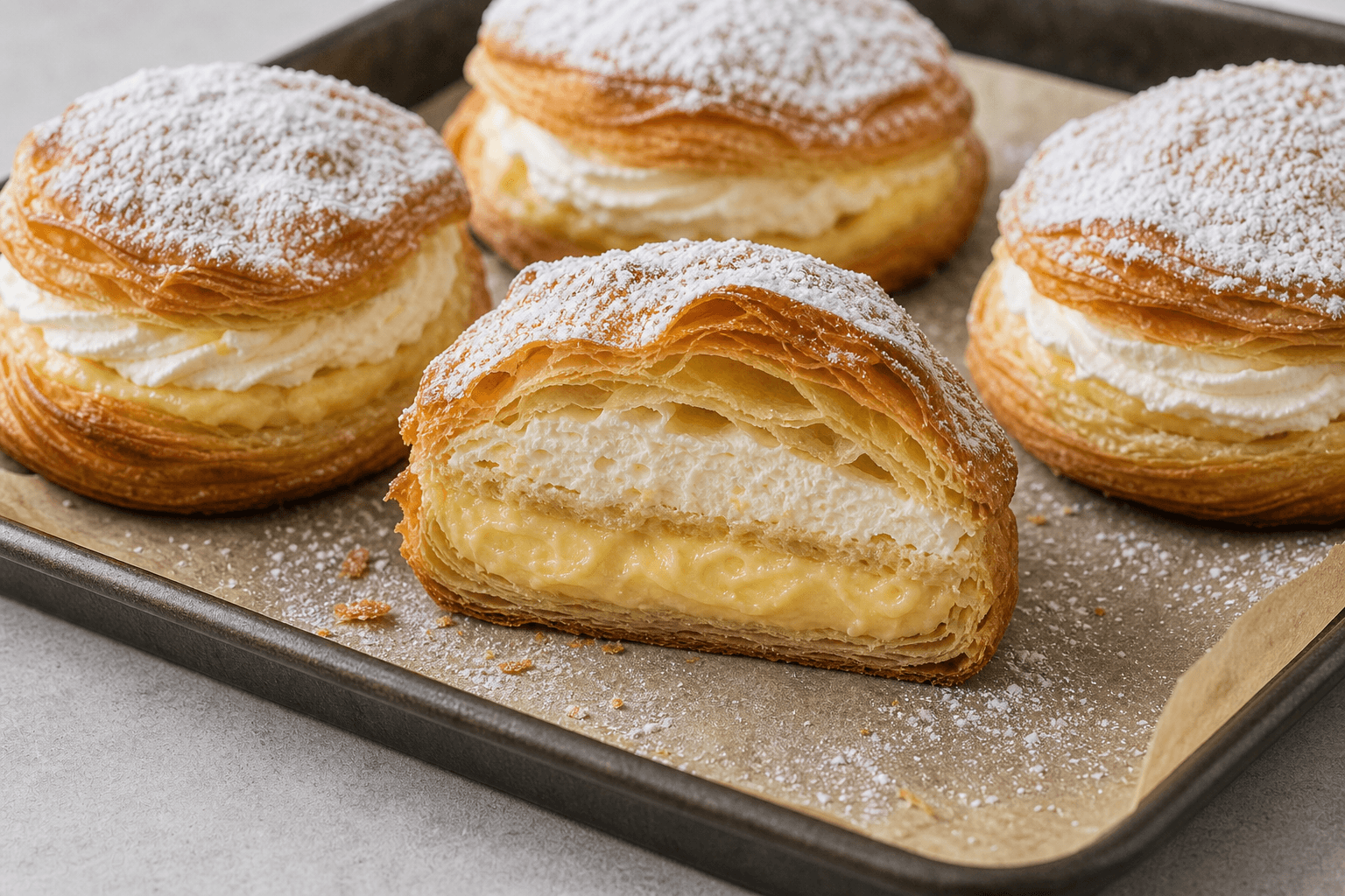 Fastelavnsboller af wienerbrødsdej med sprøde lag, creme og flødeskum.