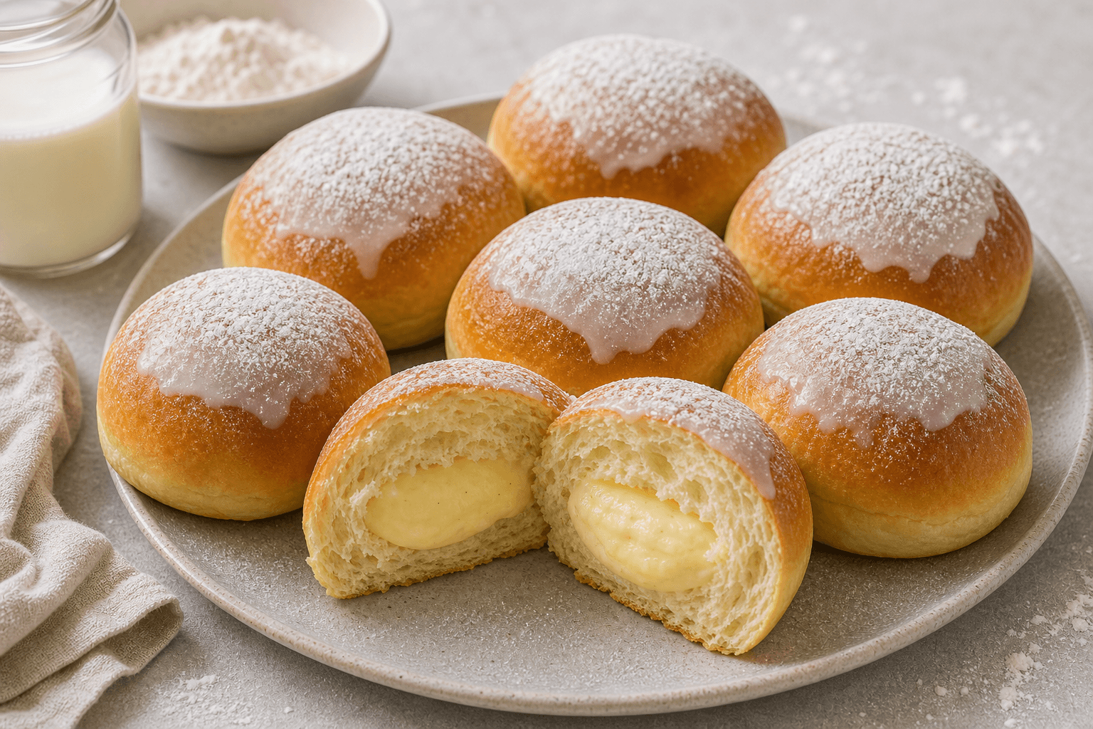 Fastelavnsboller med tangzhong, lys glasur og blød cremefyldt krumme.