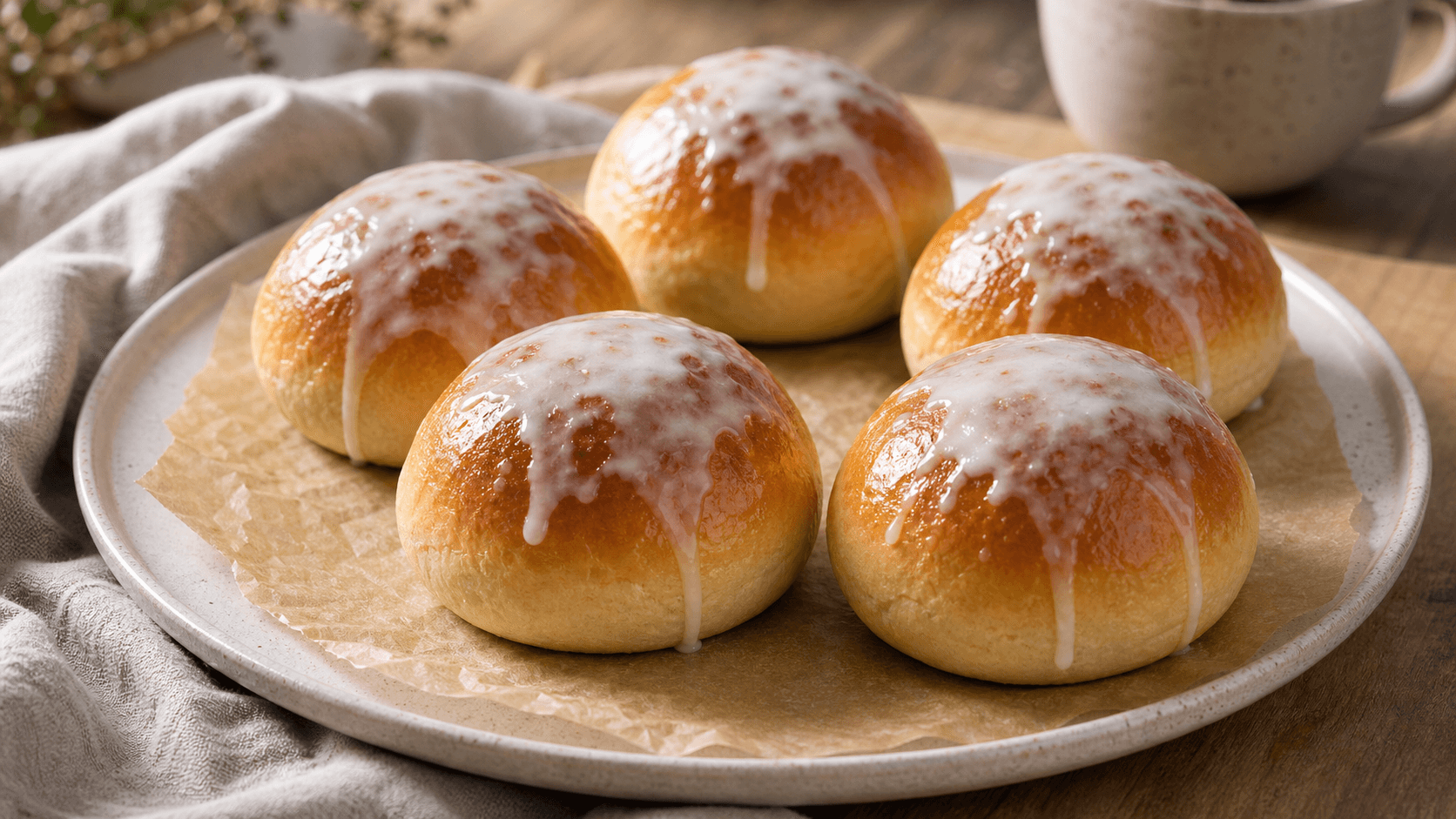 Hele lukkede fastelavnsboller af gærdej med lys glasur på en tallerken.
