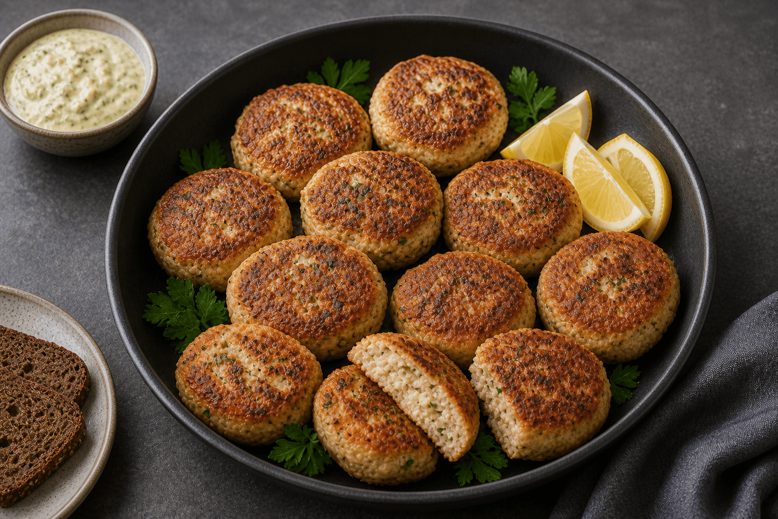 Fiskefrikadeller i mørk skål med gylden stegeskorpe, citron og remoulade.