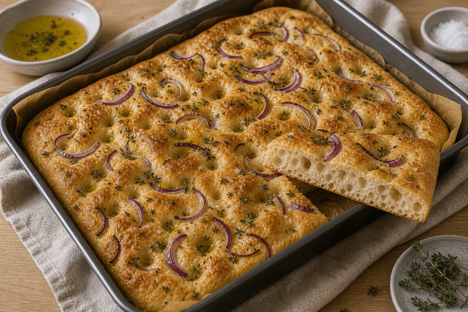 Focaccia i bradepande med olivenolie, rødløg, timian og luftig krumme.