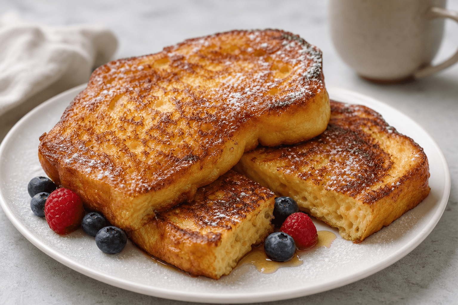 French toast med gylden stegeskorpe, bær og en skåret skive med blød midte.