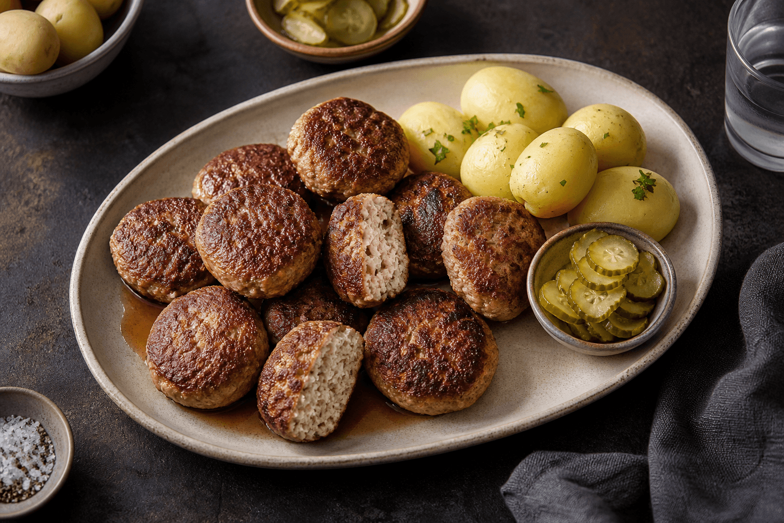 Frikadeller på fad med kogte kartofler, syltede agurker og en overskåret frikadelle.