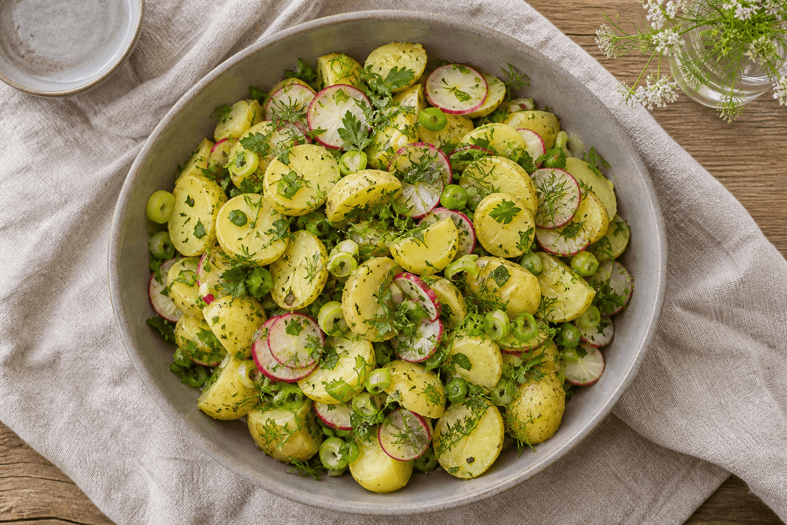 Frisk kartoffelsalat med små kartofler, radiser, forårsløg, dild og persille.