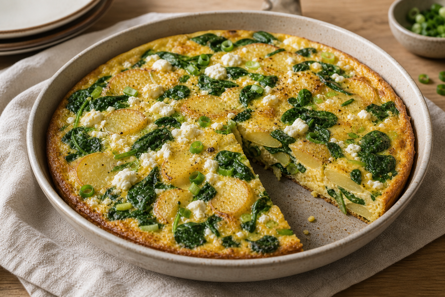Frittata med kartofler, spinat, forårsløg og feta i et rundt fad med et stykke taget ud.