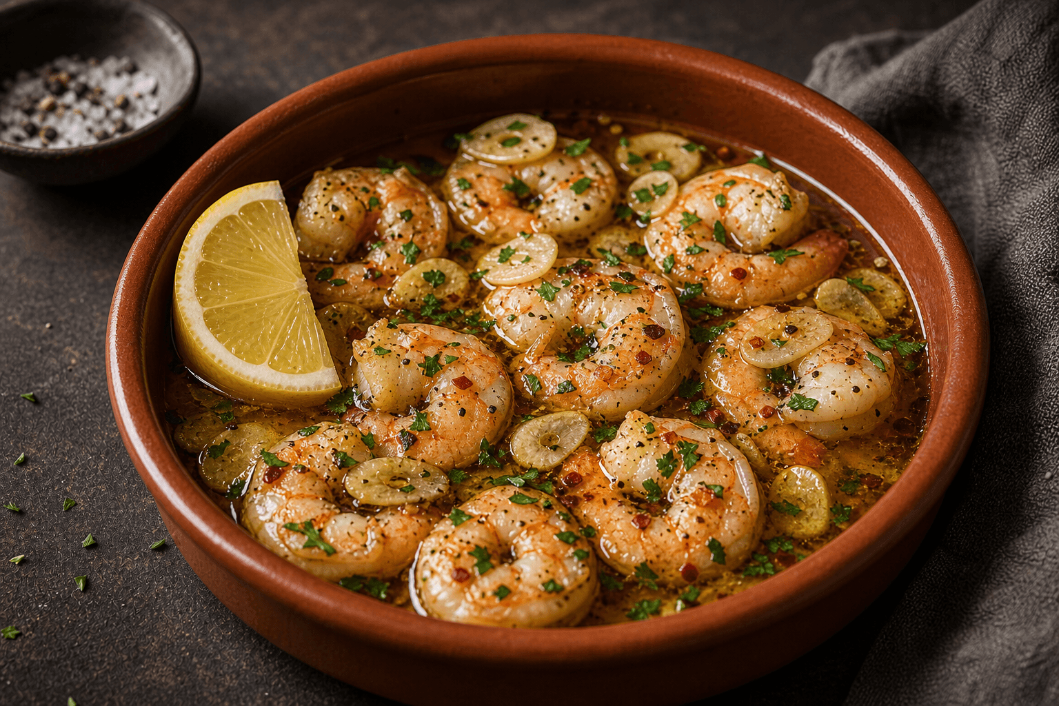 Gambas al ajillo med rejer i hvidløgsolie, chili, persille og citron.