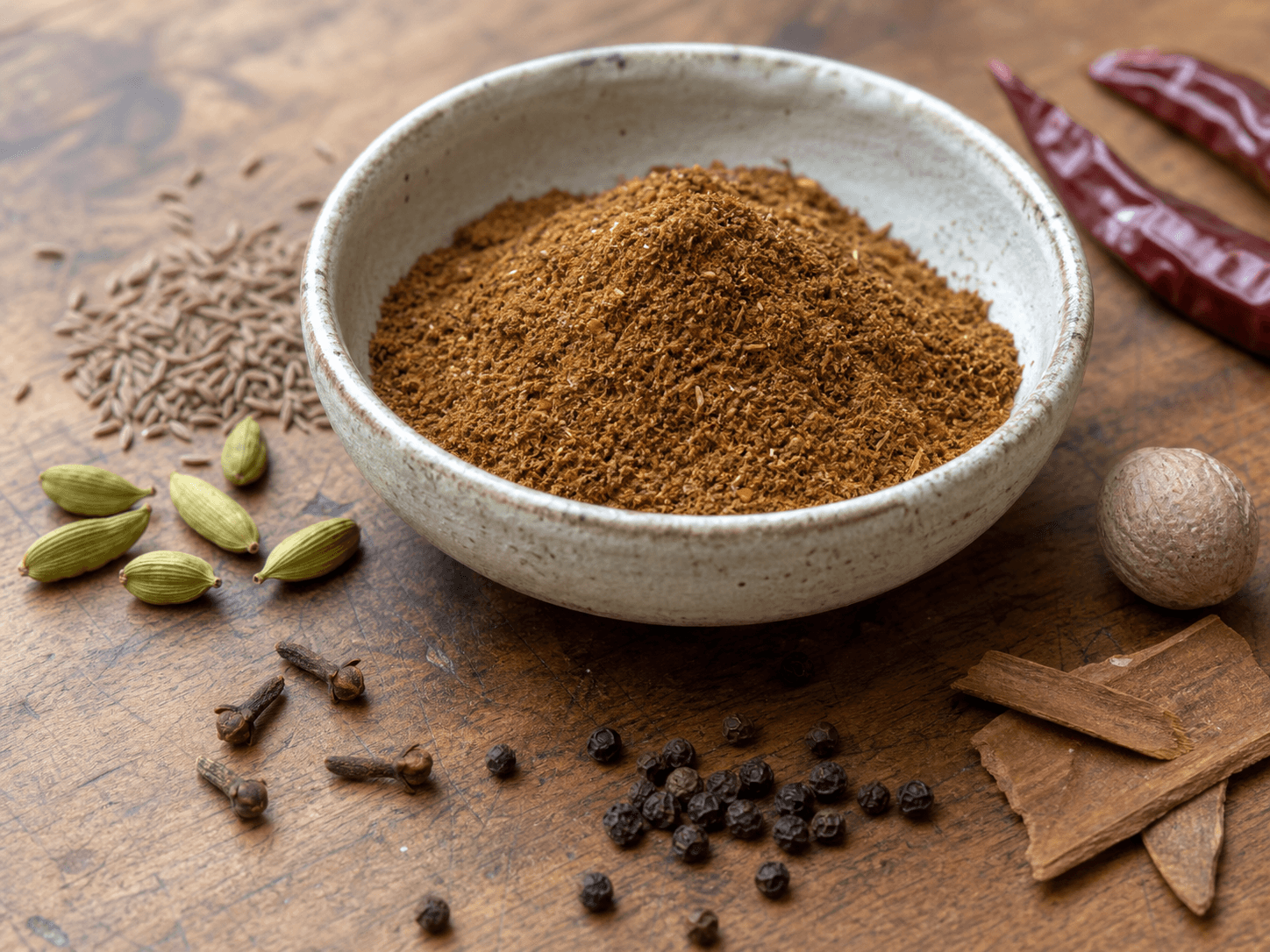 Hjemmelavet garam masala i en lille keramisk skål med hele krydderier omkring.