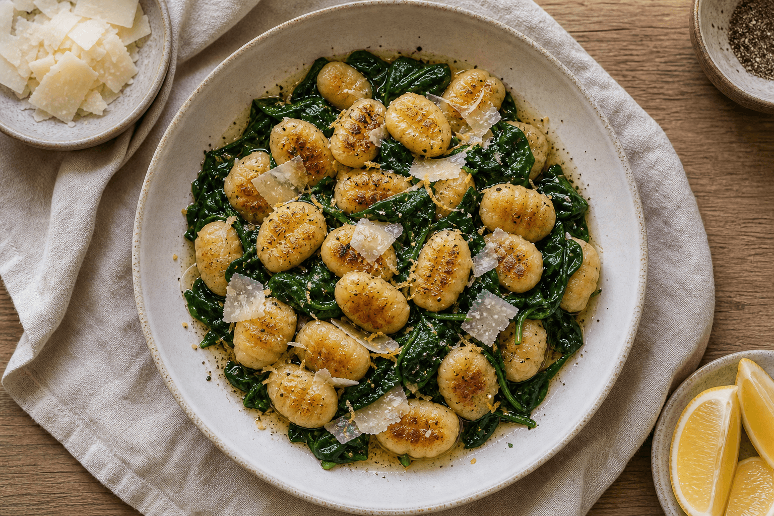 Gnocchi med spinat, brunet smør, citronskal og parmesan i en skål.