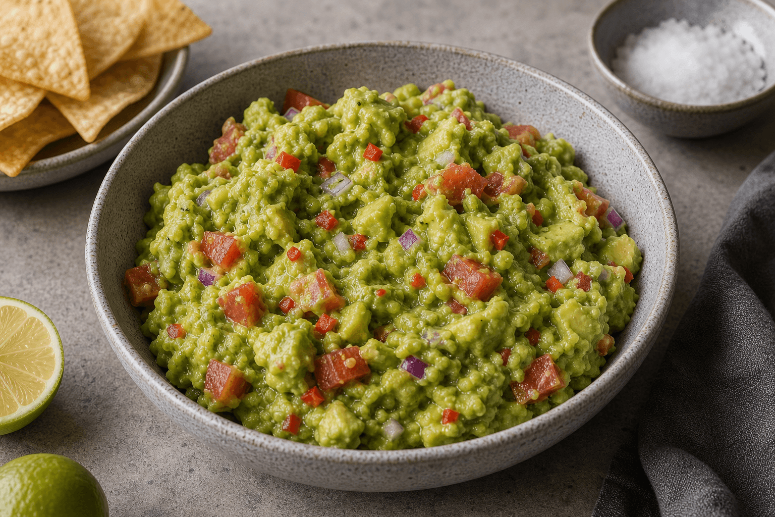 Guacamole i skål med avocado, tomat, løg, chili og lime ved siden af.