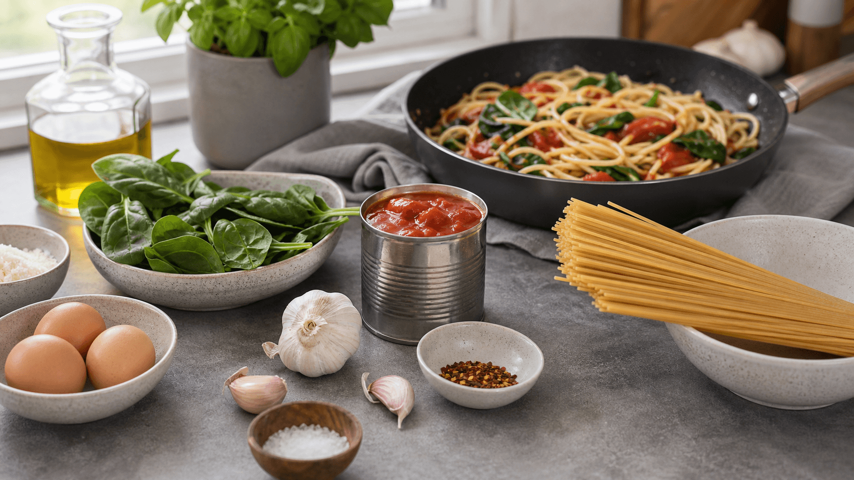 En travl hverdagsmiddag med æg, frosne grøntsager, pasta og en varm pande på et køkkenbord.