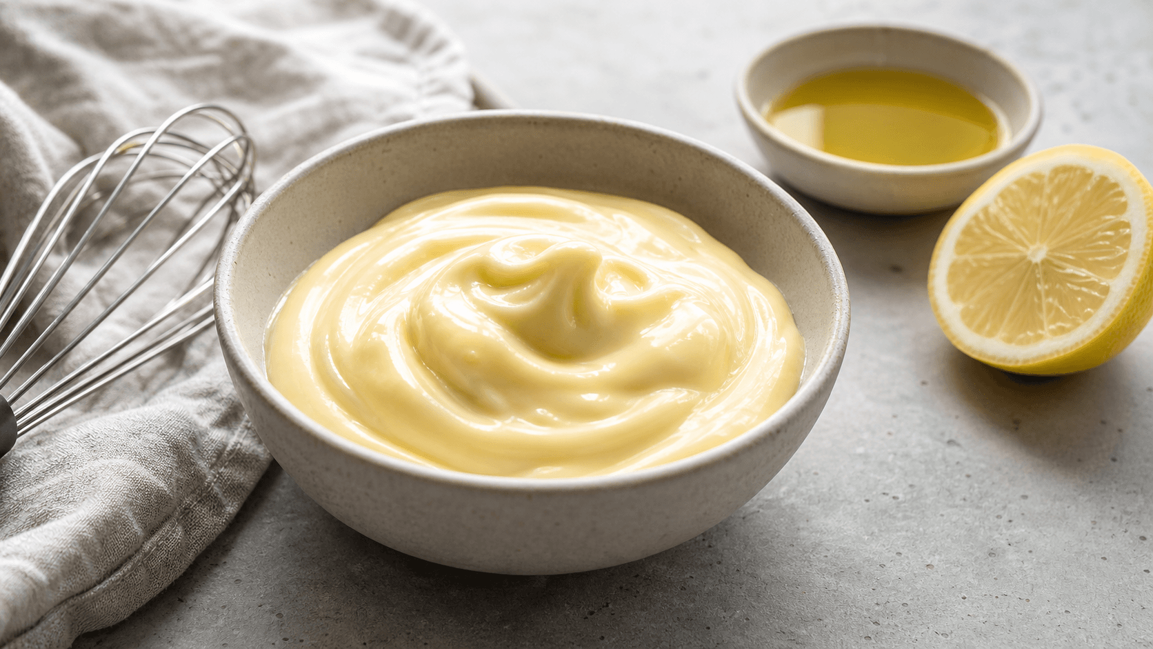 Skål med blank hollandaise og piskeris klar til at samle en emulsion.
