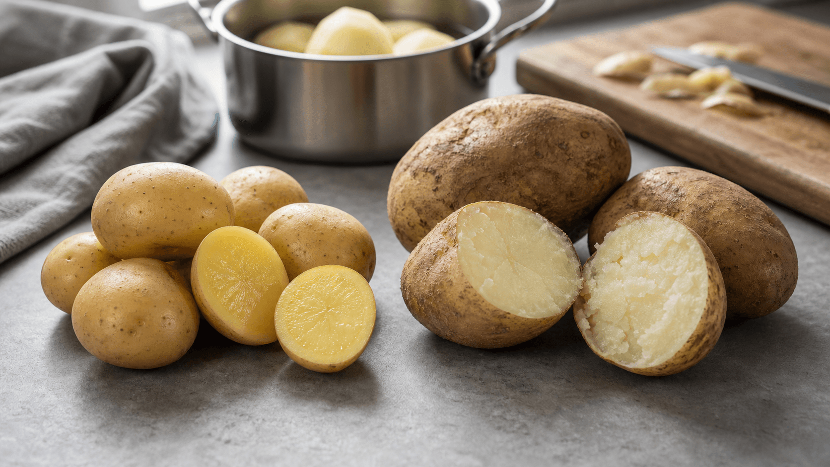 Faste og melede kartofler på et køkkenbord med en skål kartoffelmos og ovnkartofler.