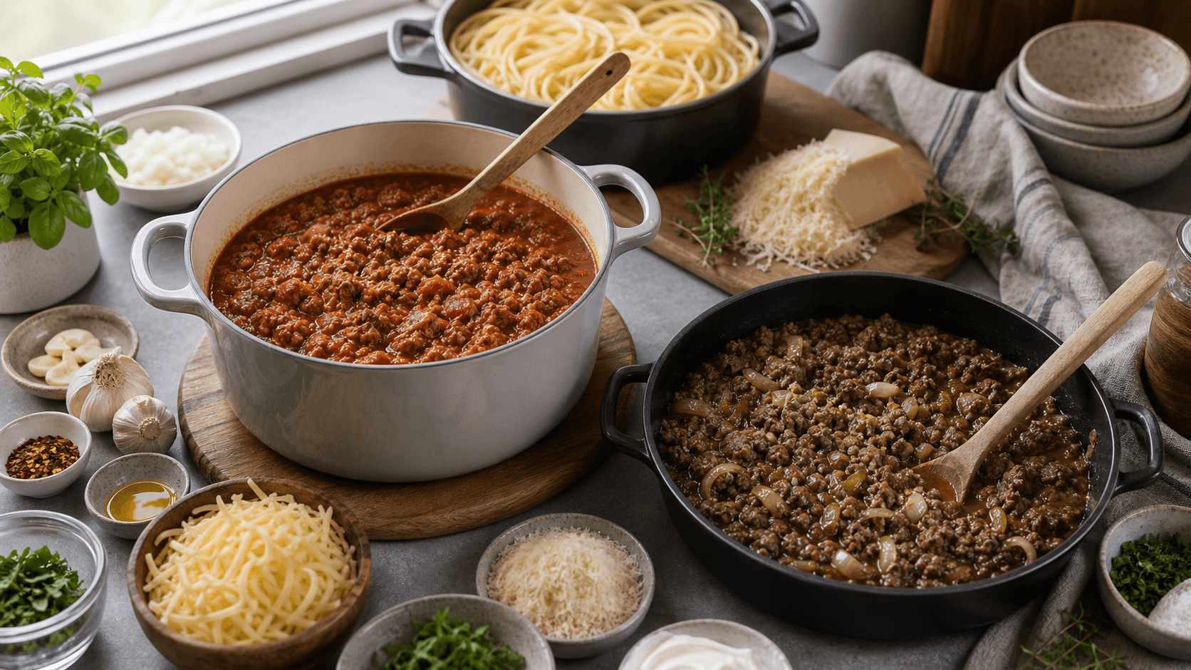 Kødsovs i gryde, klar til at blive serveret med pasta.