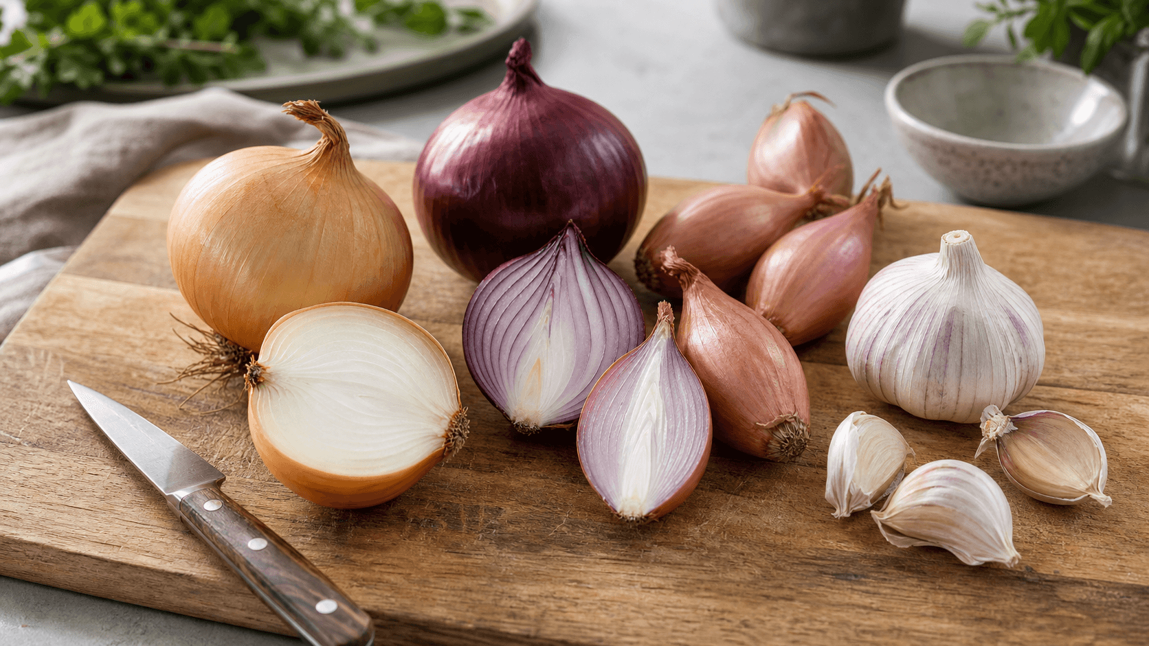 Gule løg, rødløg, skalotteløg og hvidløg på et køkkenbord med en kniv.