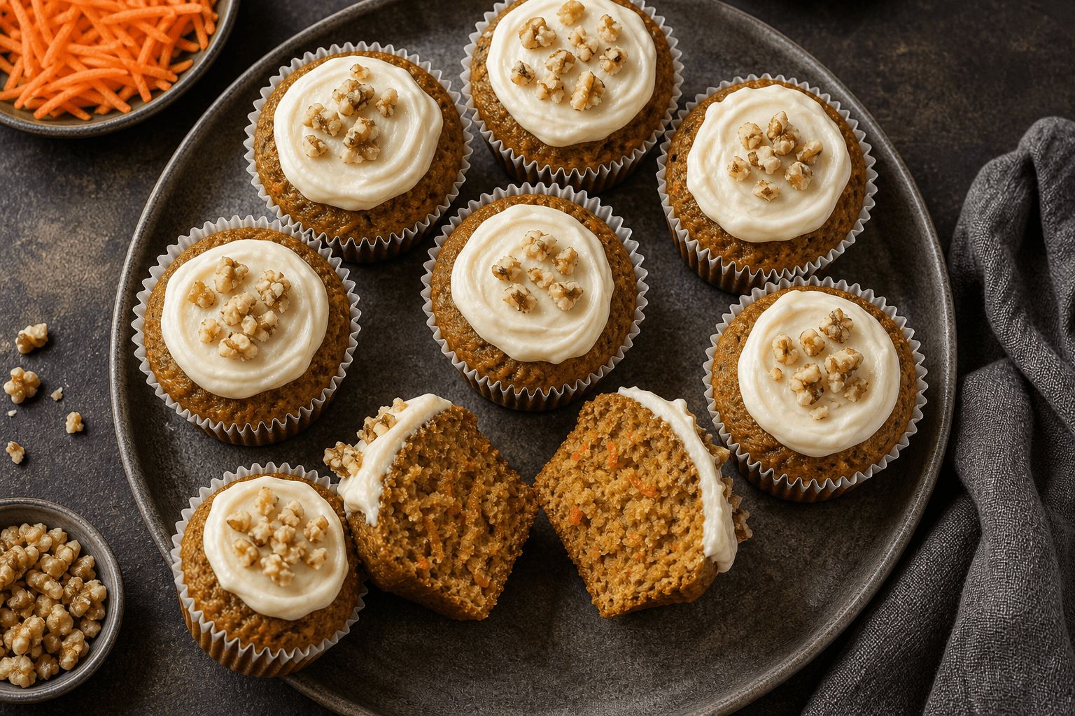 Gulerodsmuffins med cream cheese topping og en delt muffin med saftig krumme.
