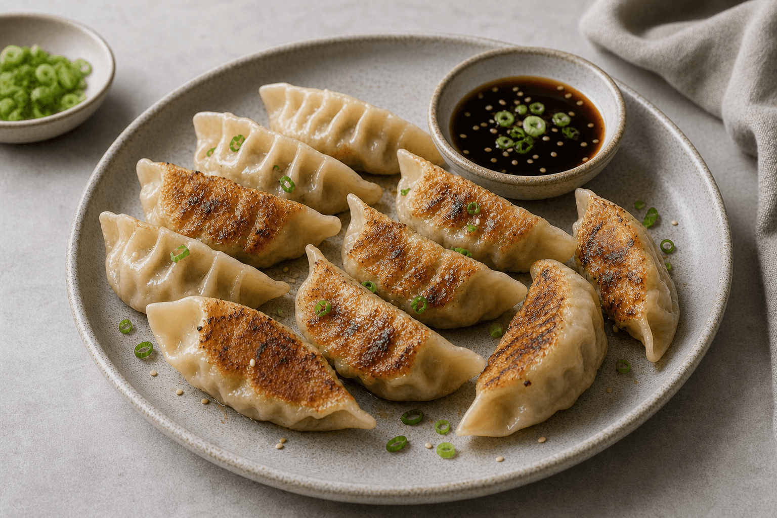 Gyoza med gylden stegeskorpe, foldede kanter og soja-dip i en lille skål.