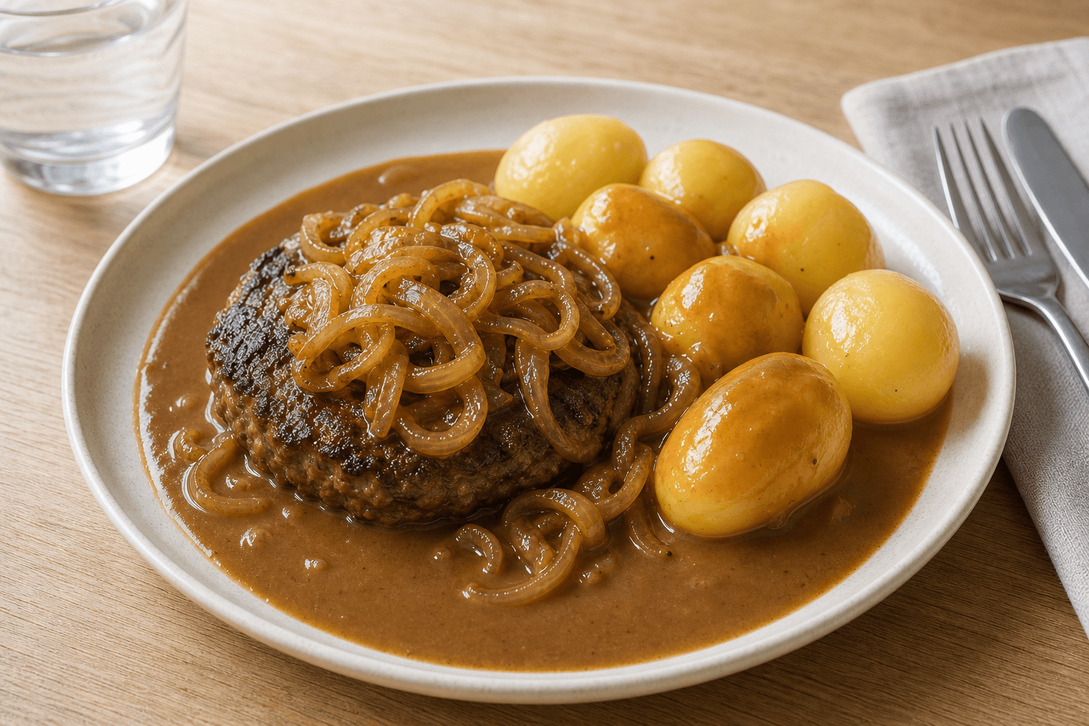 Hakkebøf med bløde løg, kogte kartofler og dansk brun sovs på en tallerken